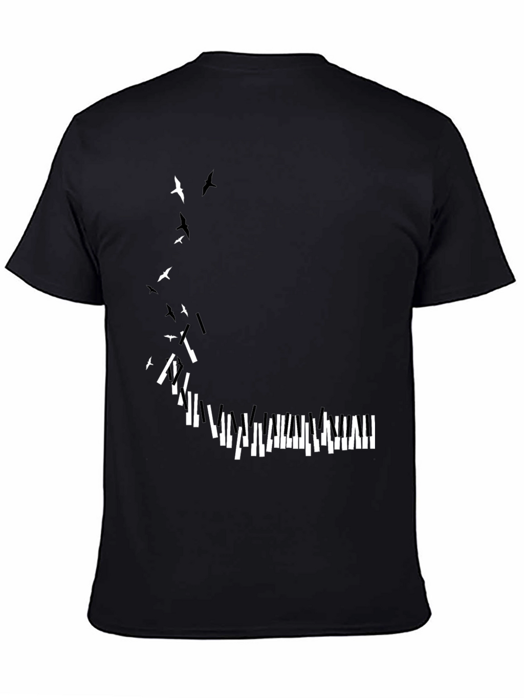 Piano Keys & Birds Graphic Print Black T-Shirt