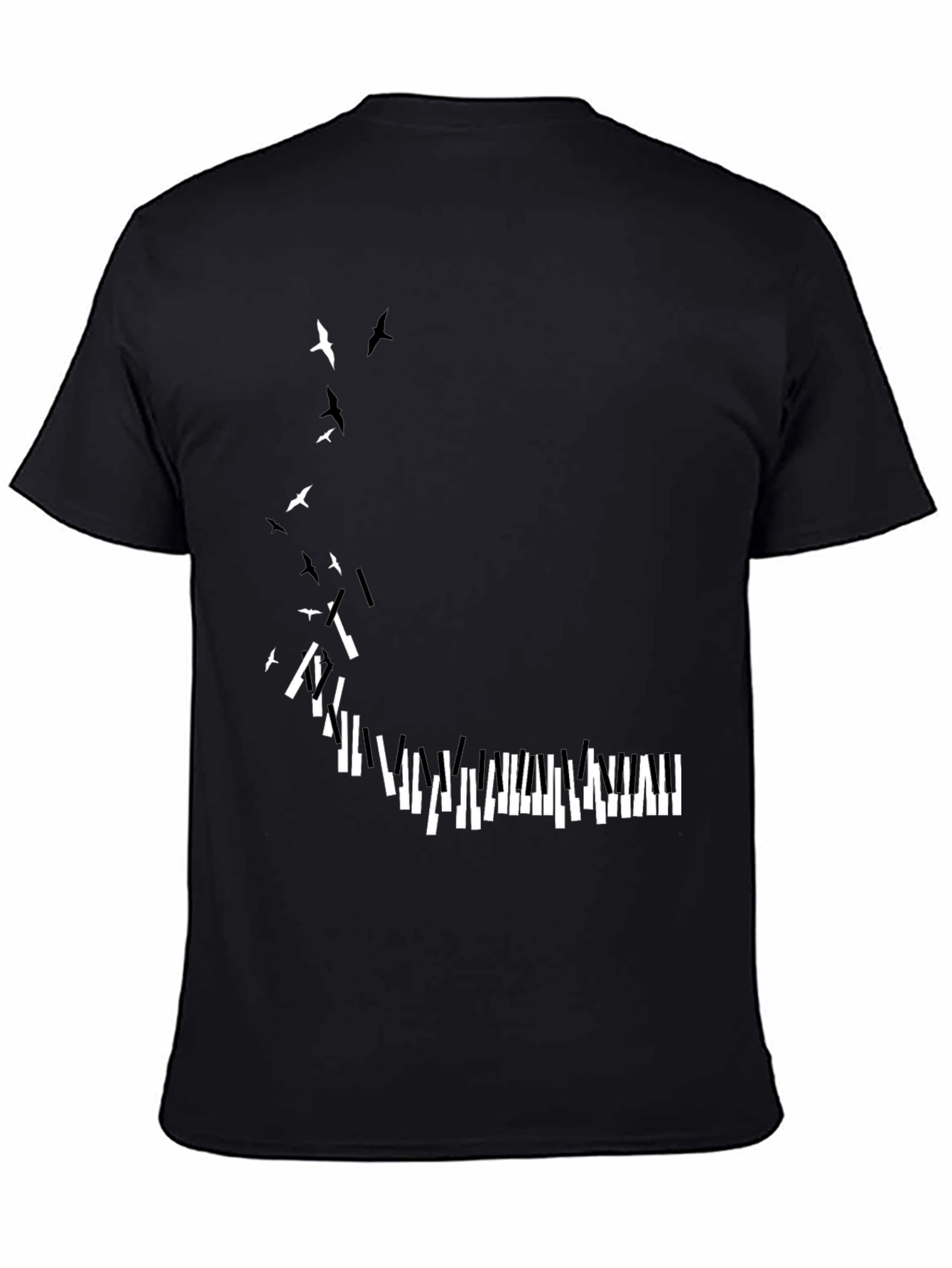 Piano Keys & Birds Graphic Print Black T-Shirt
