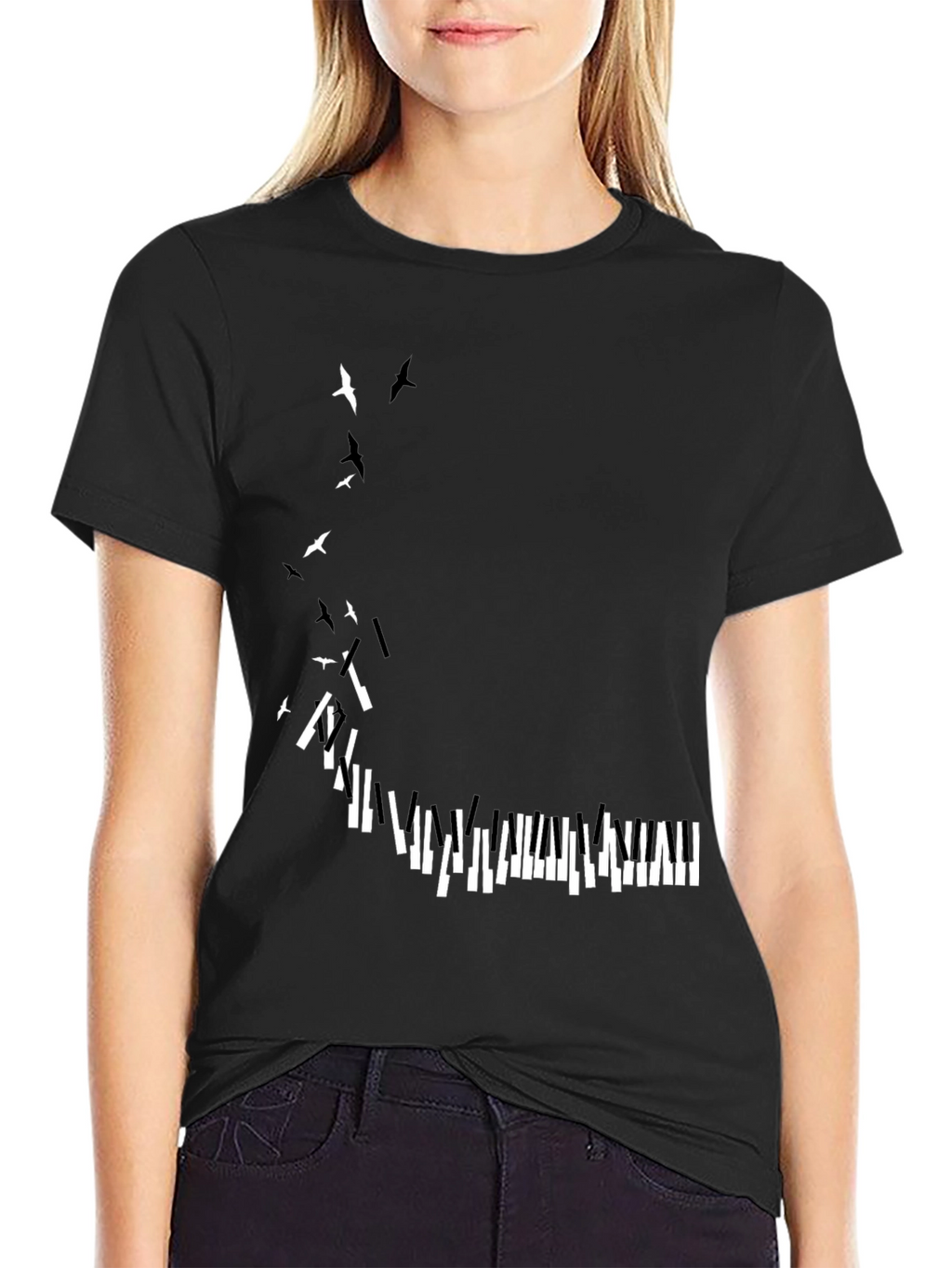 Piano Keys & Birds Graphic Print Black T-Shirt