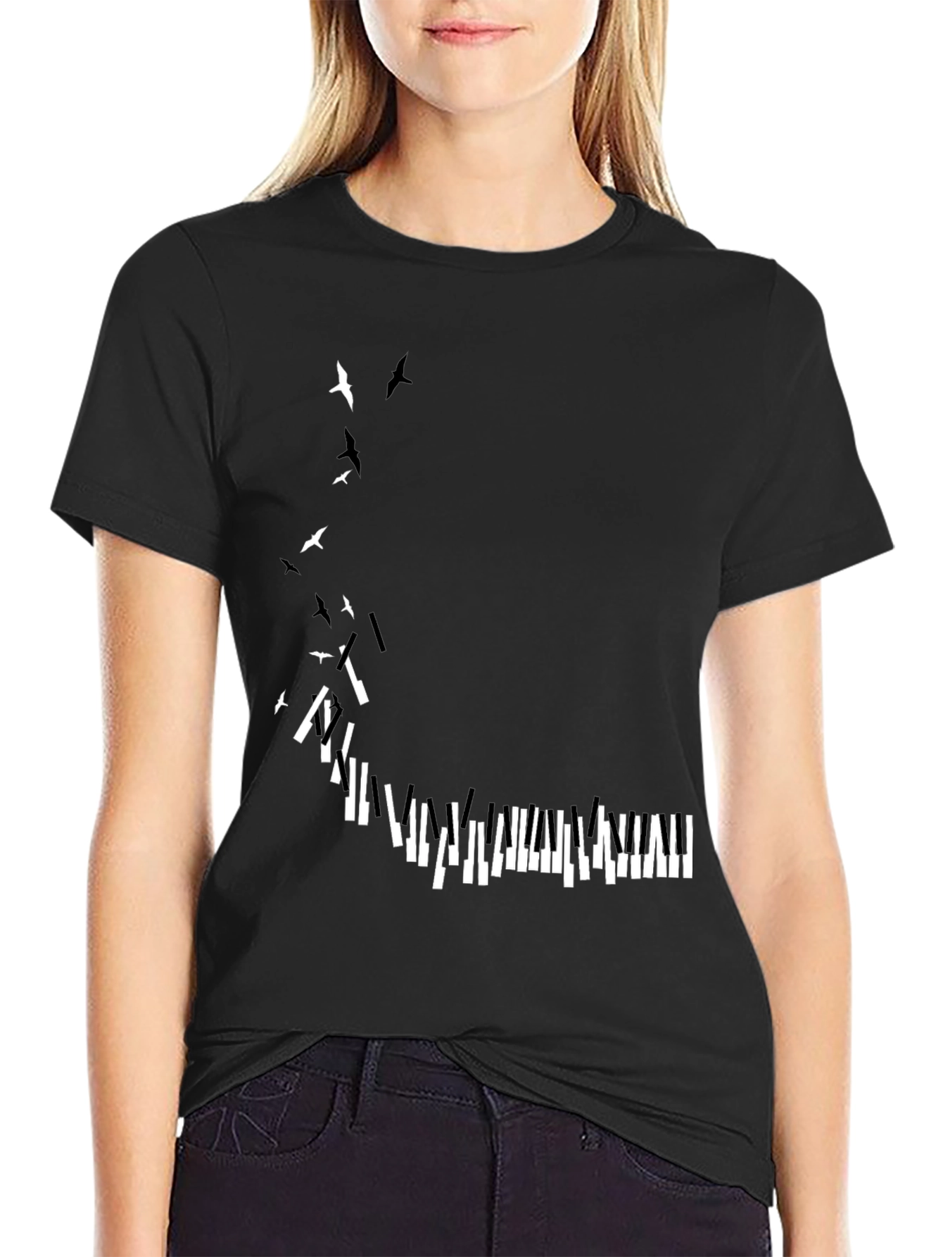 Piano Keys & Birds Graphic Print Black T-Shirt