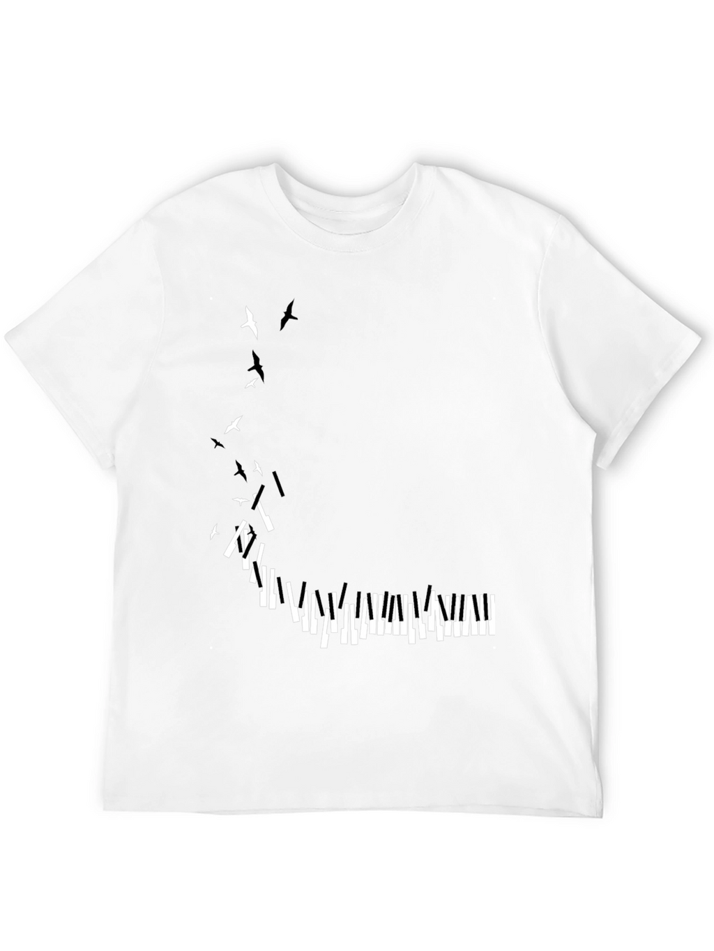 Piano Keys & Birds Graphic Print Black T-Shirt