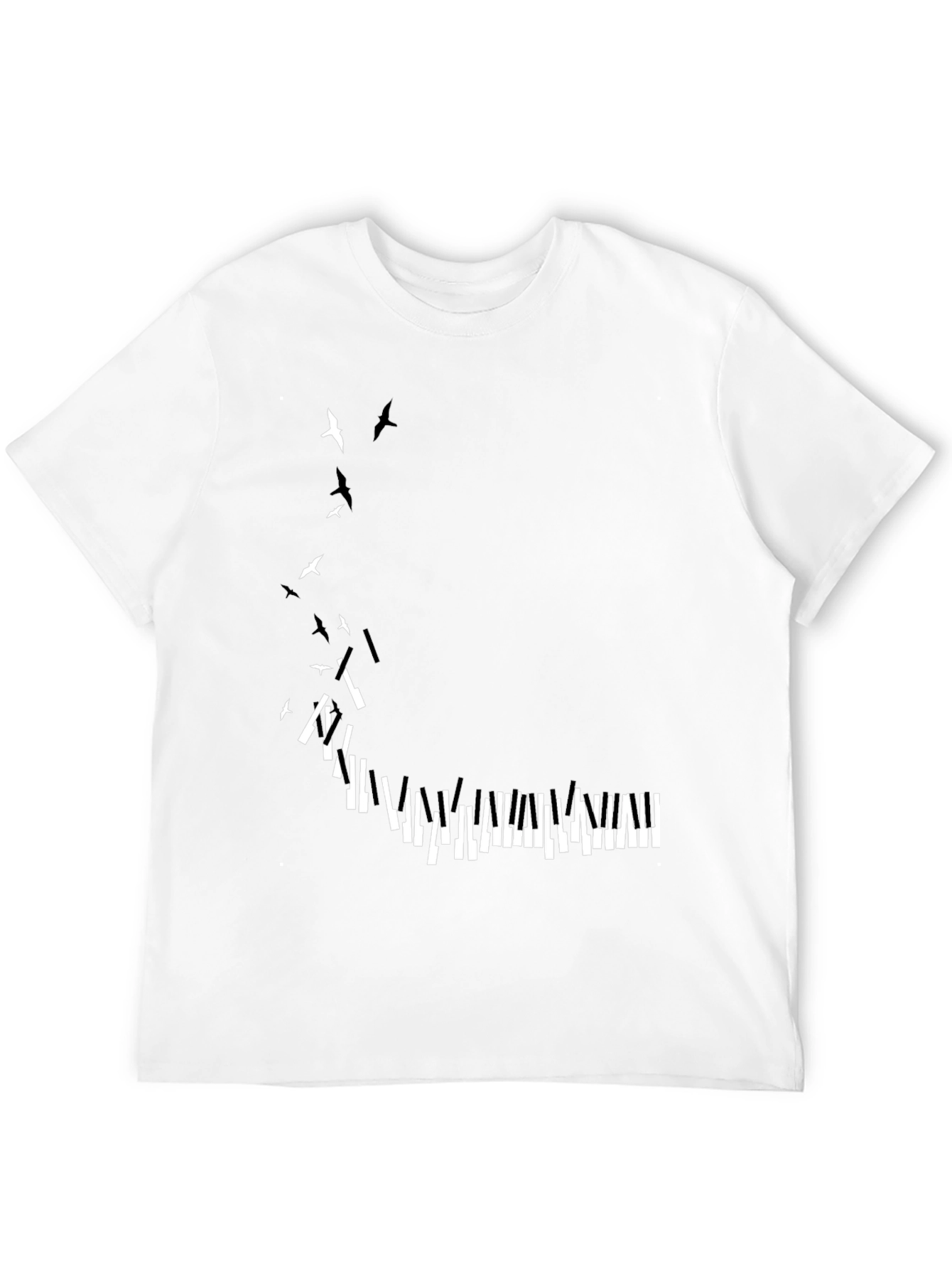 Piano Keys & Birds Graphic Print Black T-Shirt