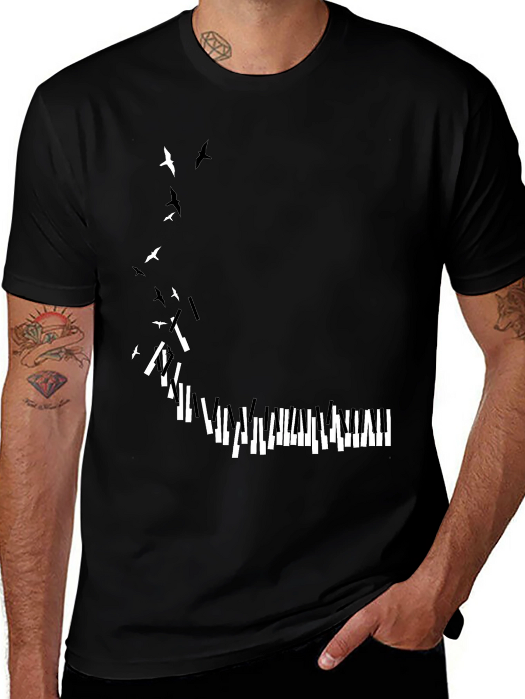 Piano Keys & Birds Graphic Print Black T-Shirt