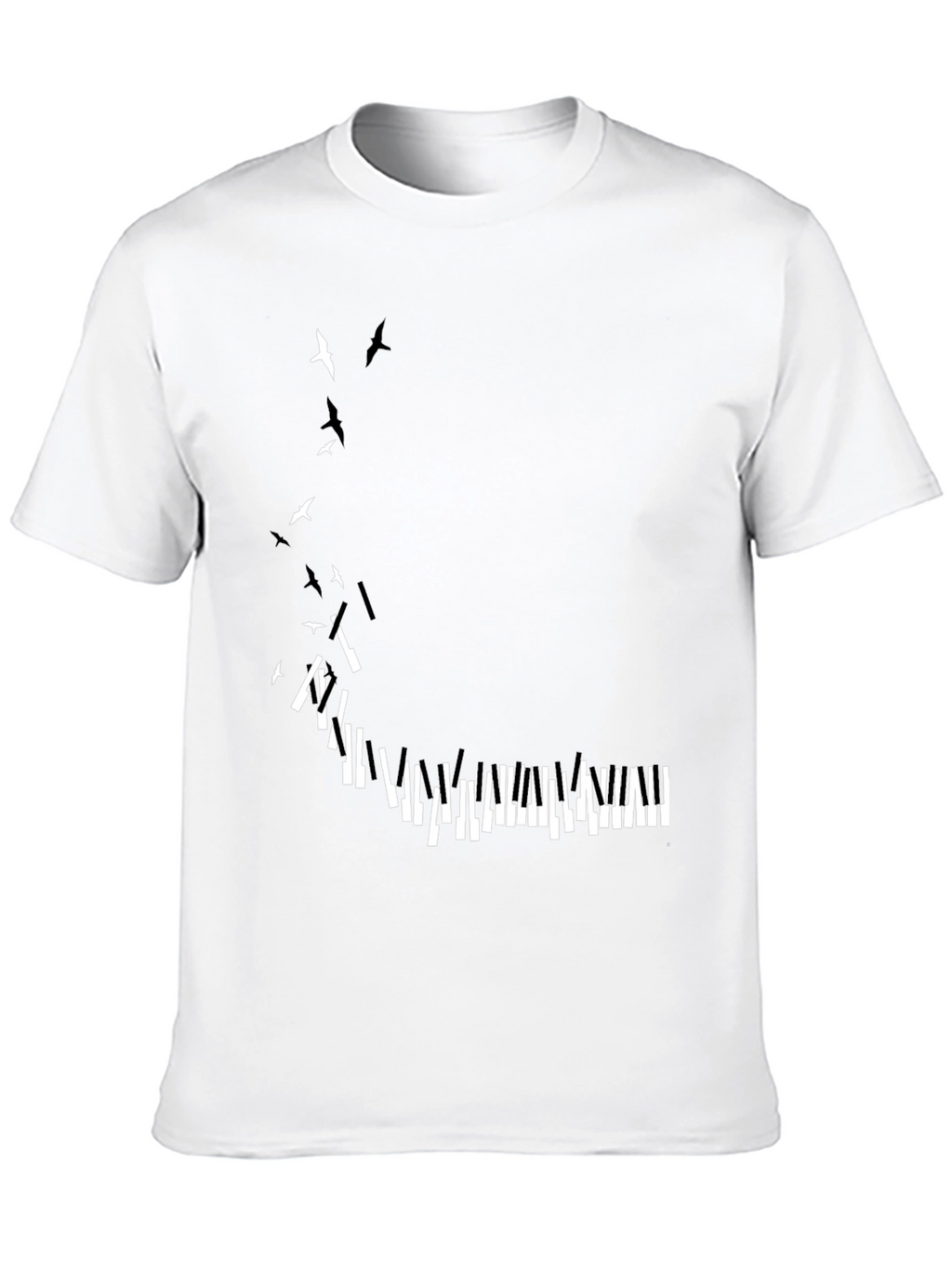 Piano Keys & Birds Graphic Print Black T-Shirt