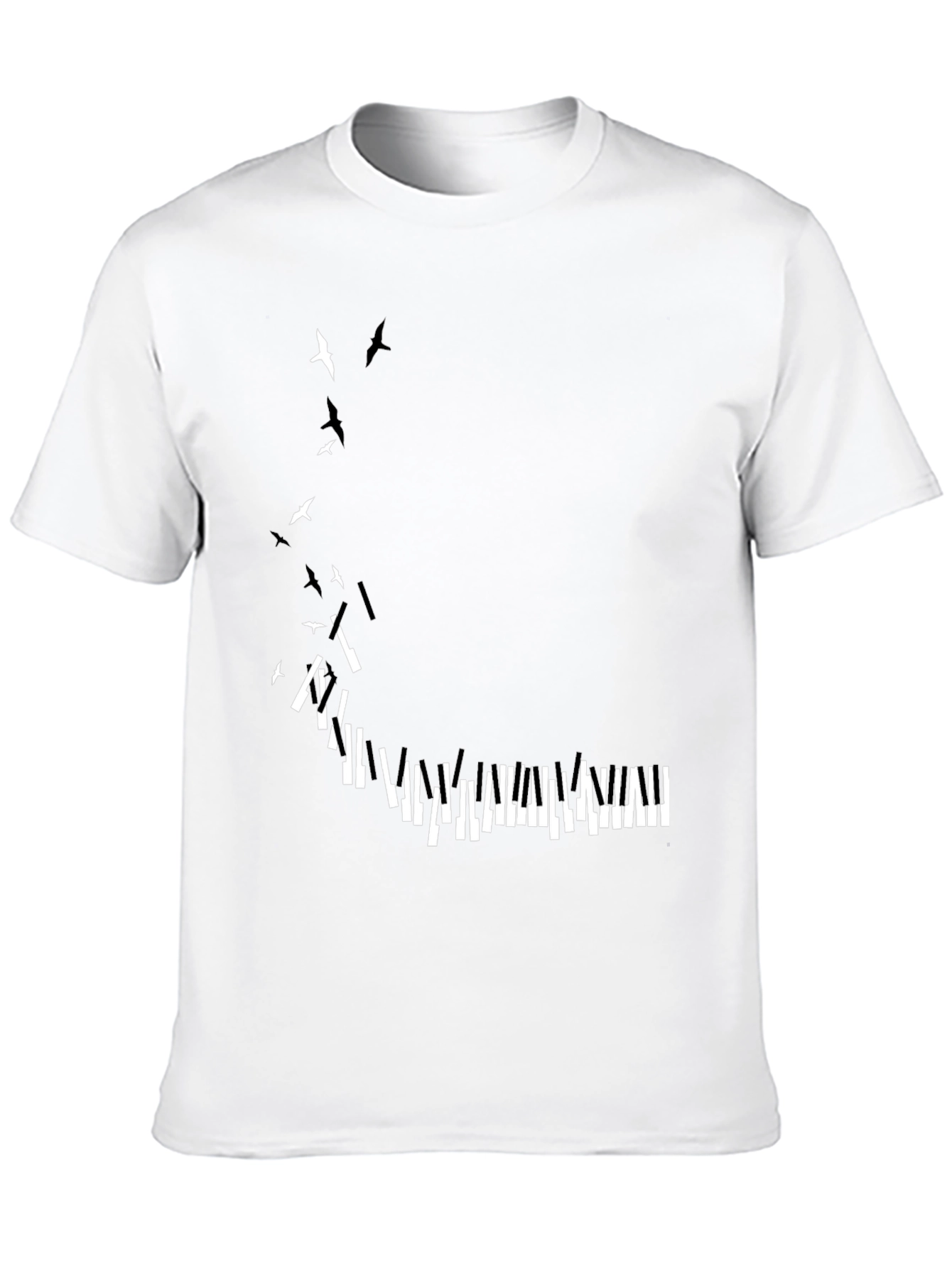 Piano Keys & Birds Graphic Print Black T-Shirt