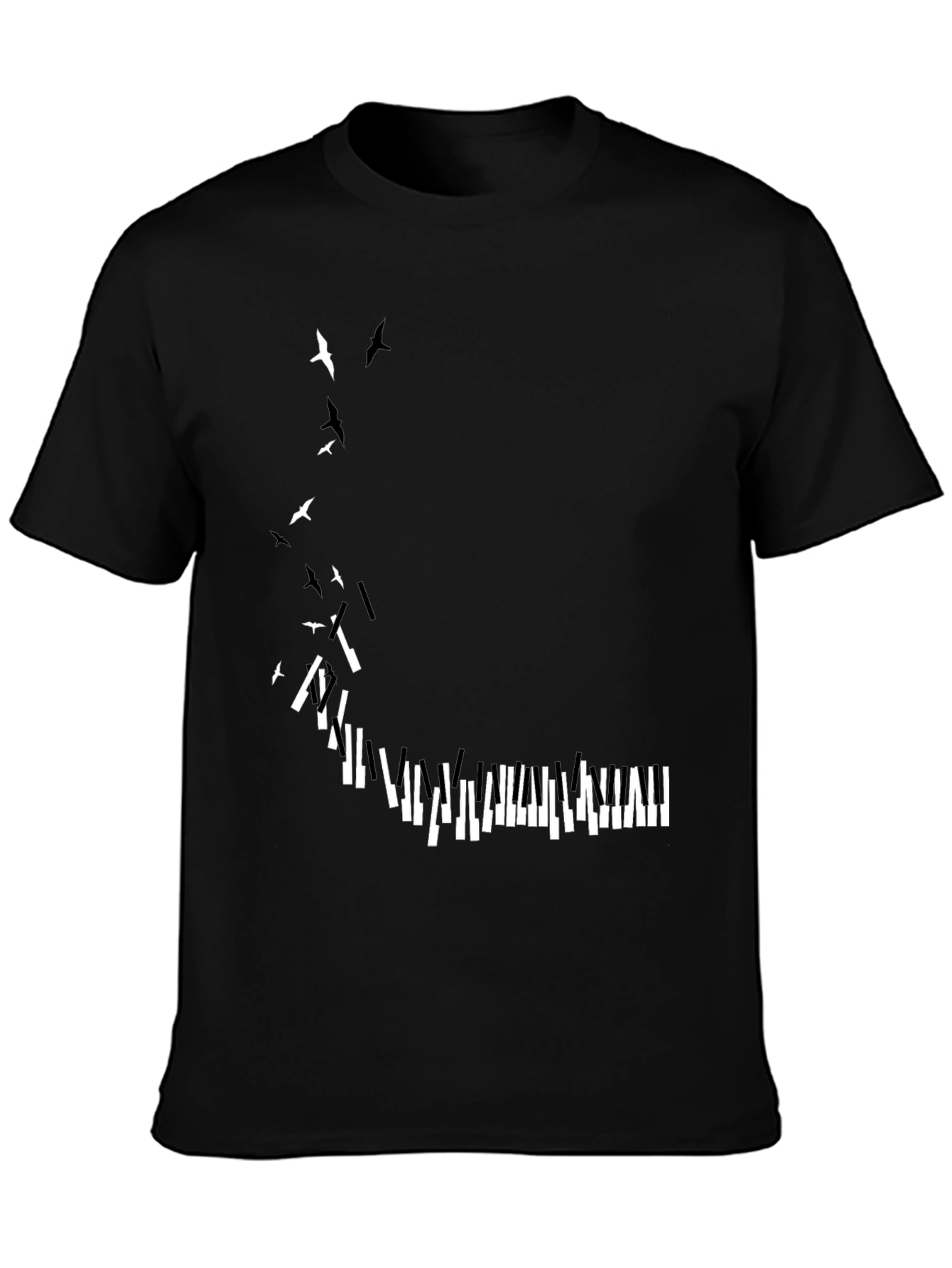 Piano Keys & Birds Graphic Print Black T-Shirt