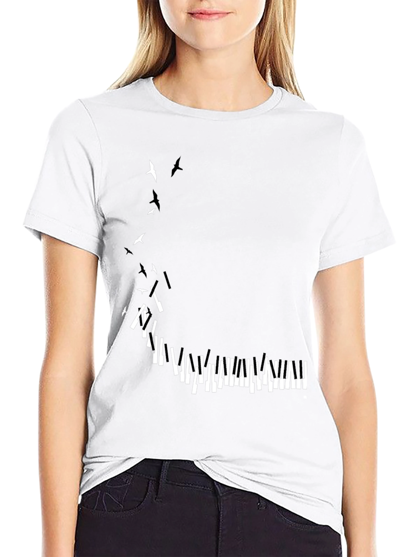 Piano Keys & Birds Graphic Print Black T-Shirt