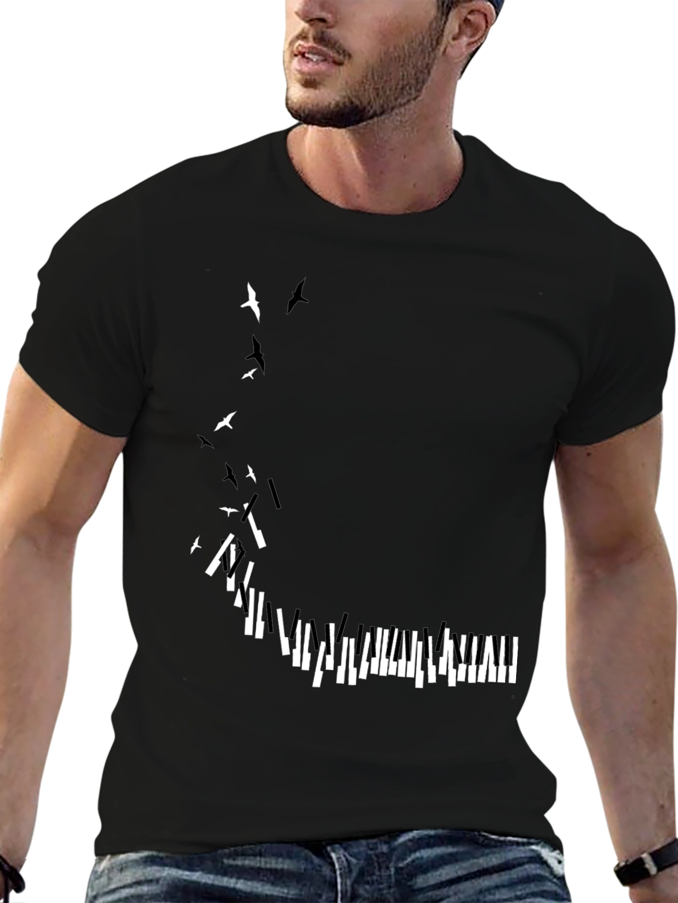 Piano Keys & Birds Graphic Print Black T-Shirt