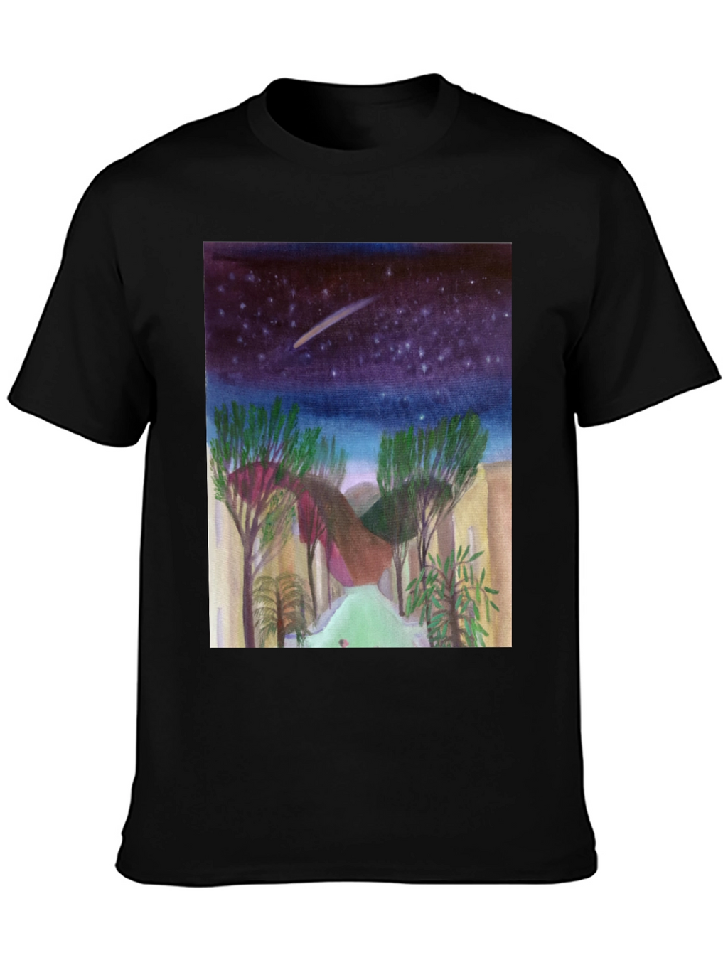 Starry Night Landscape Print Black T-Shirt