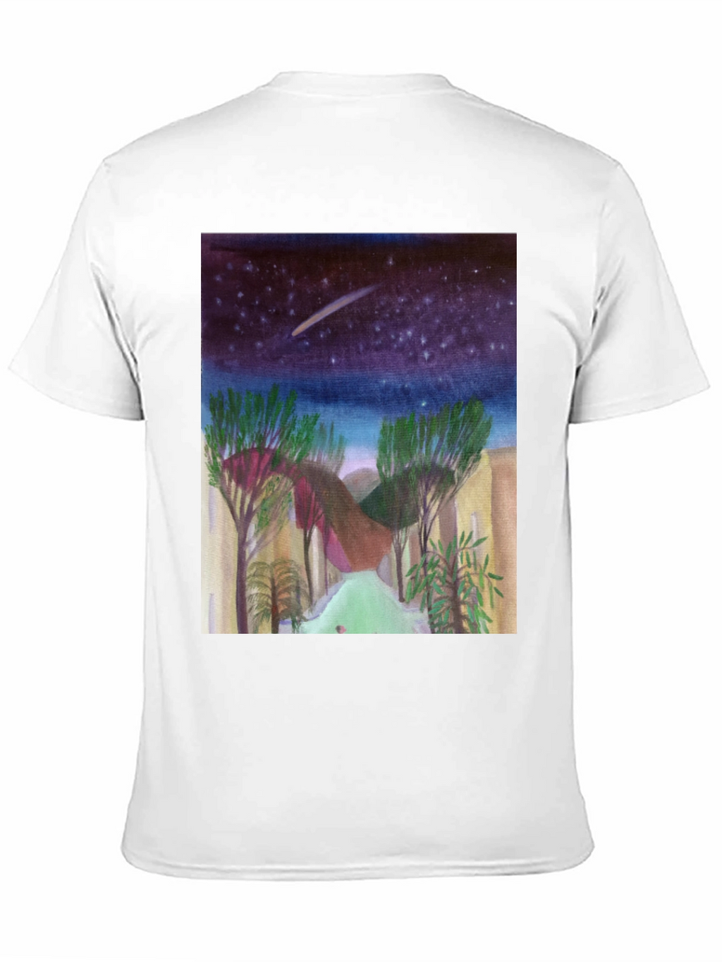 Starry Night Landscape Print Black T-Shirt