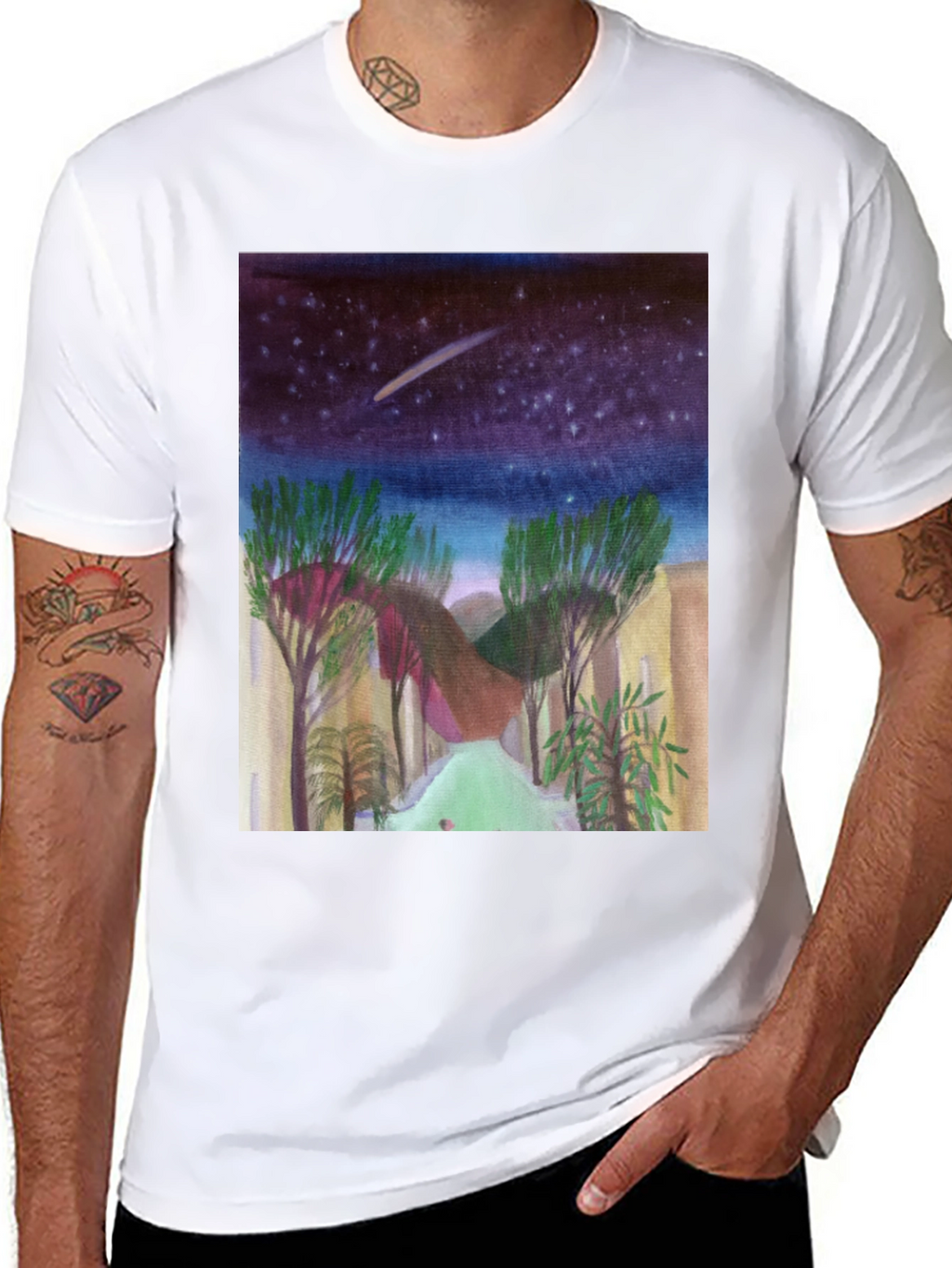 Starry Night Landscape Print Black T-Shirt