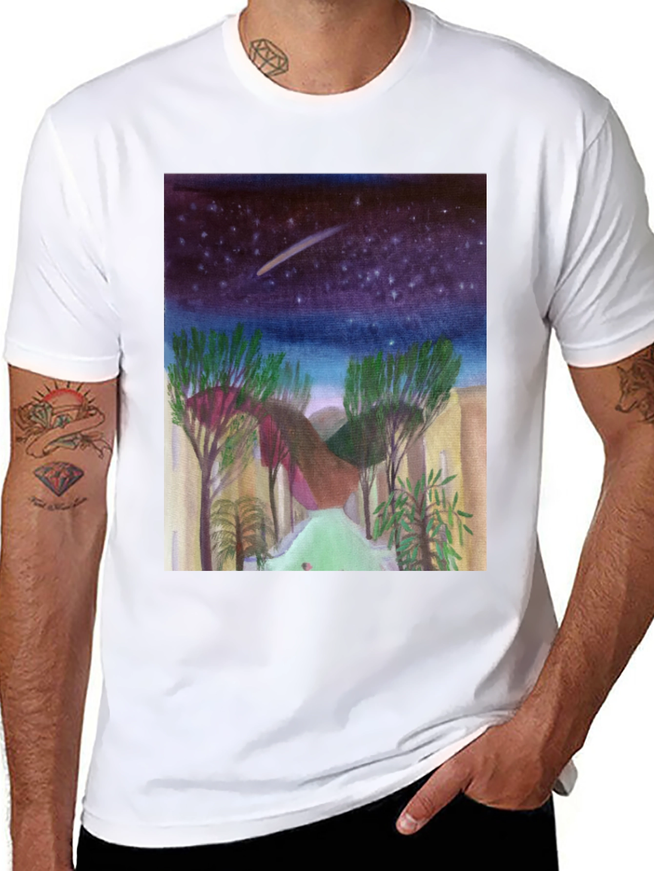 Starry Night Landscape Print Black T-Shirt