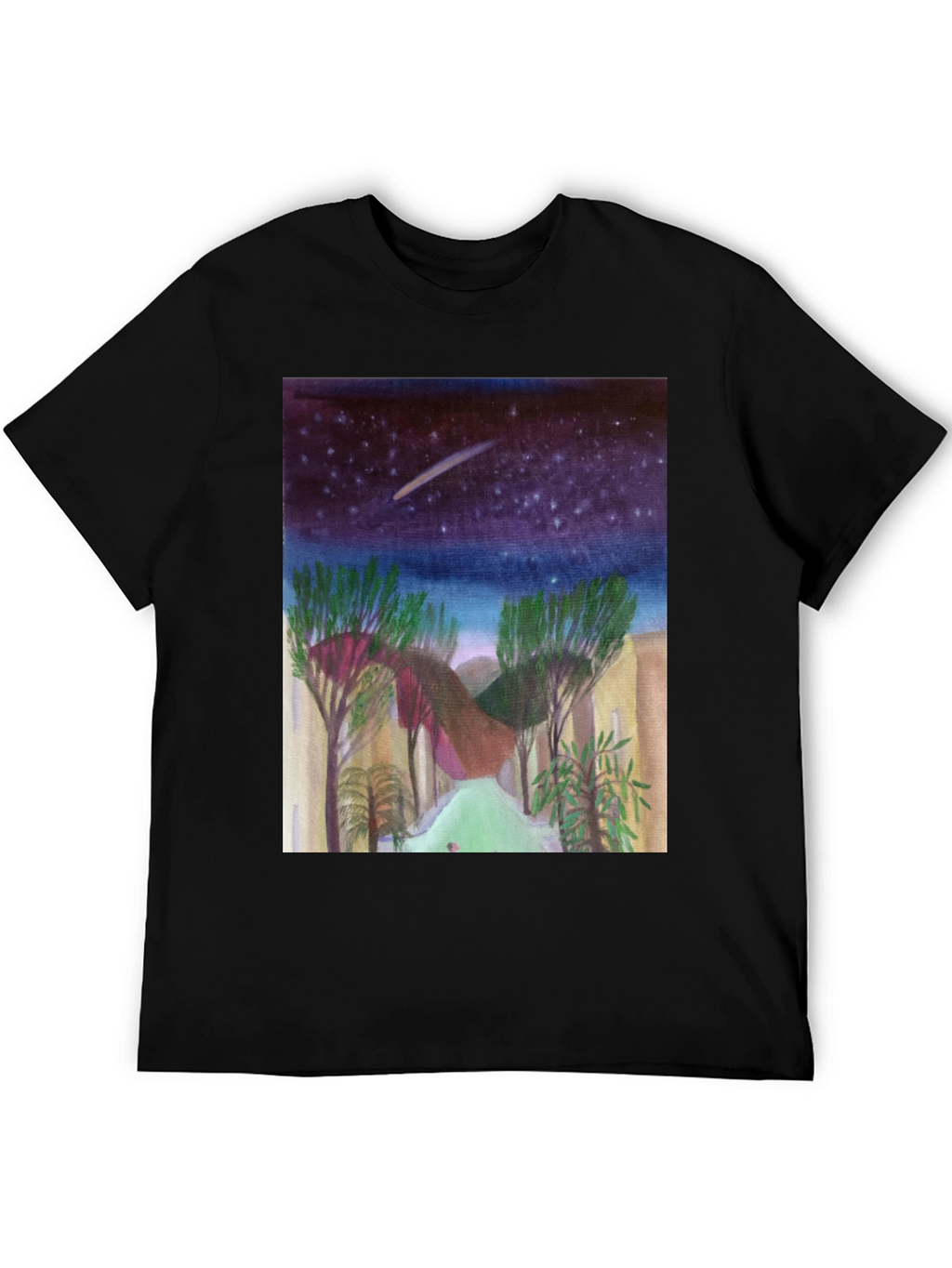 Starry Night Landscape Print Black T-Shirt