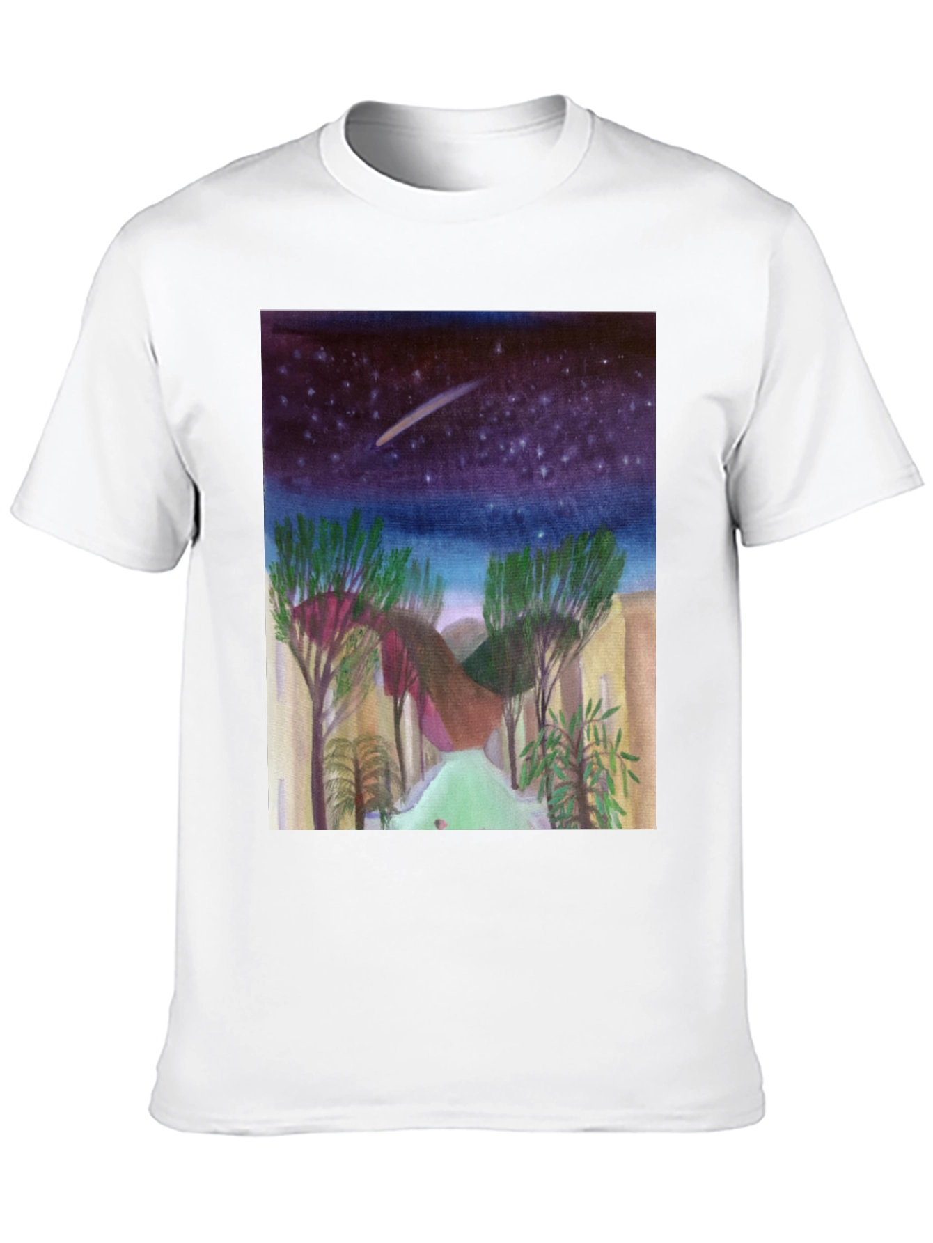 Starry Night Landscape Print Black T-Shirt