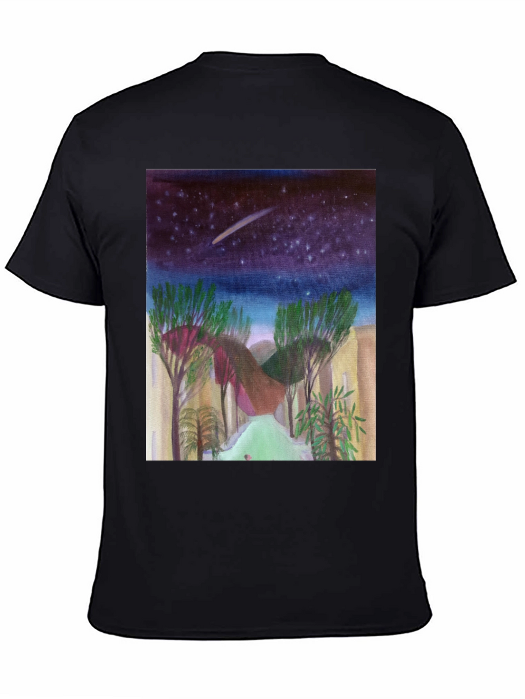 Starry Night Landscape Print Black T-Shirt
