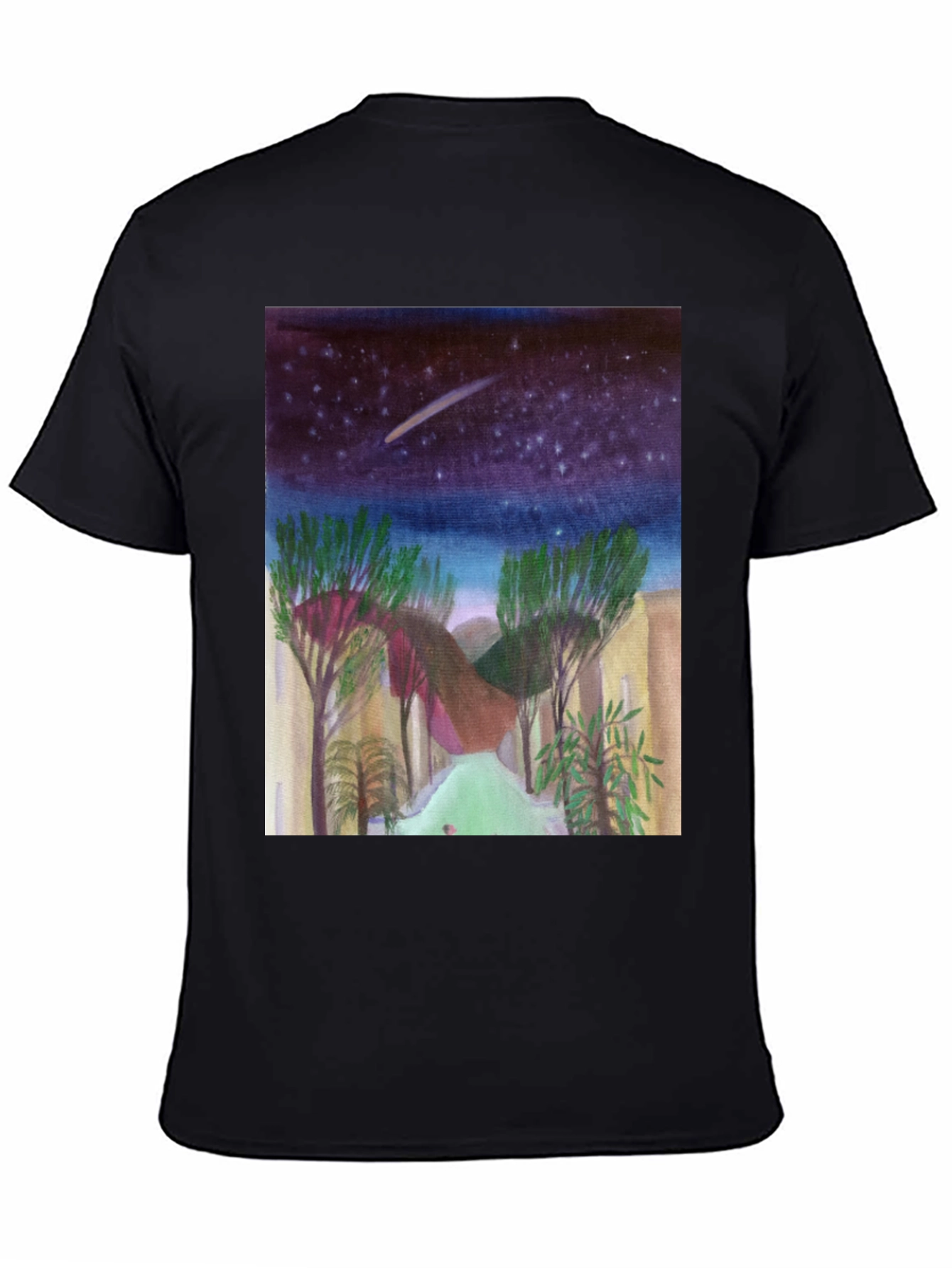 Starry Night Landscape Print Black T-Shirt