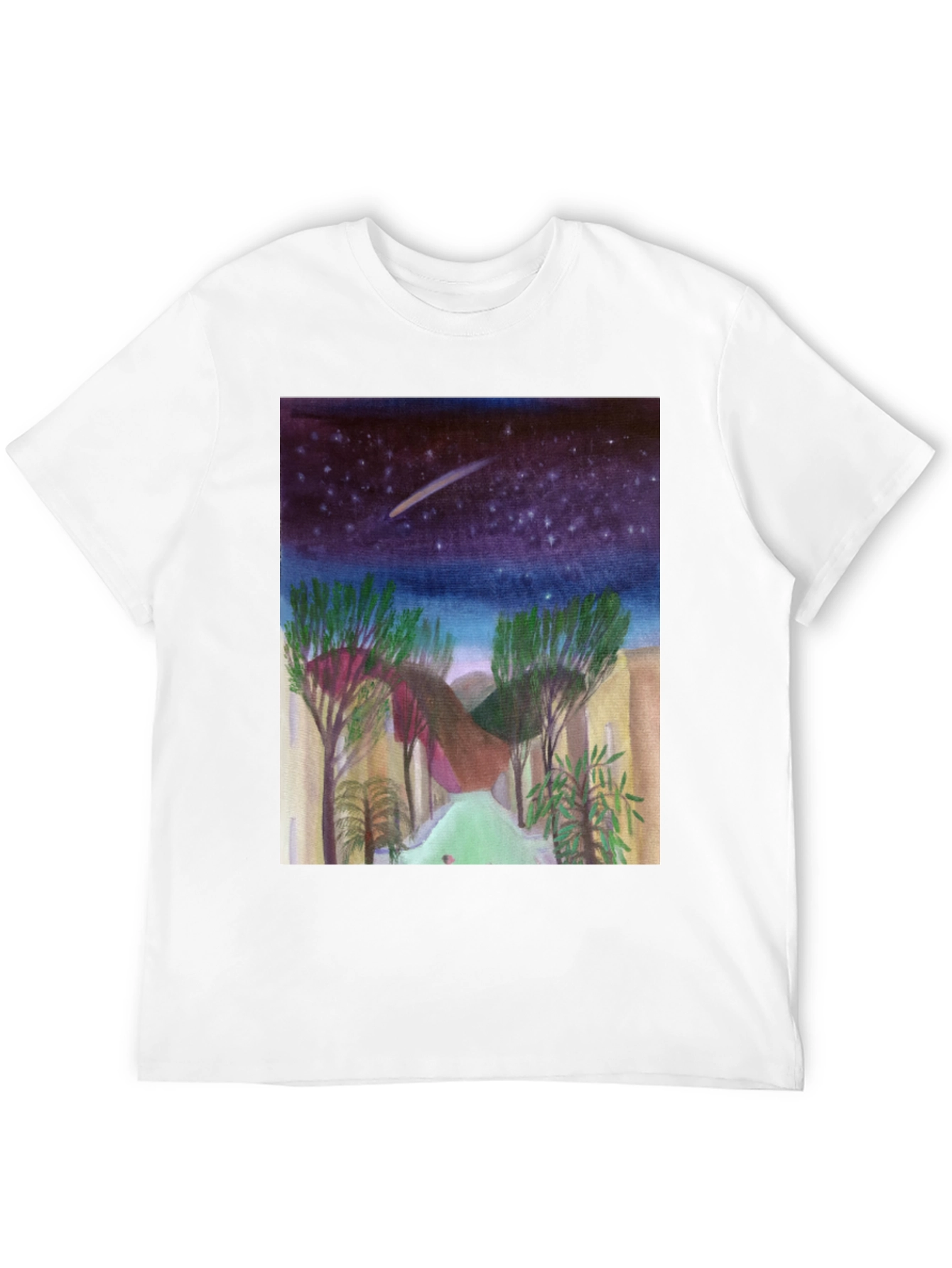 Starry Night Landscape Print Black T-Shirt