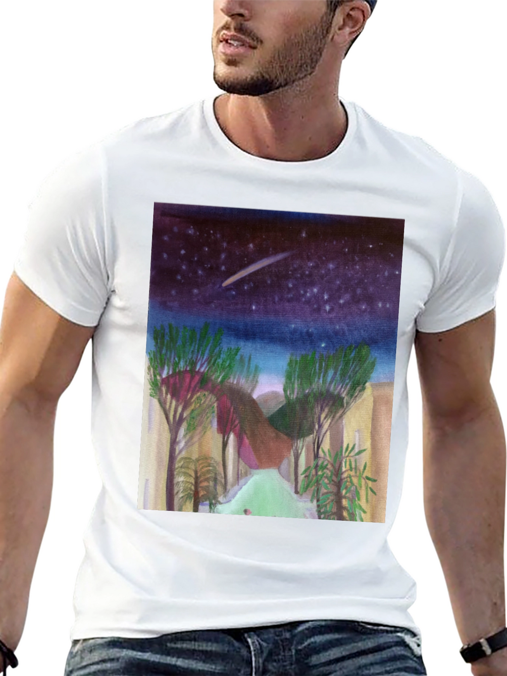 Starry Night Landscape Print Black T-Shirt