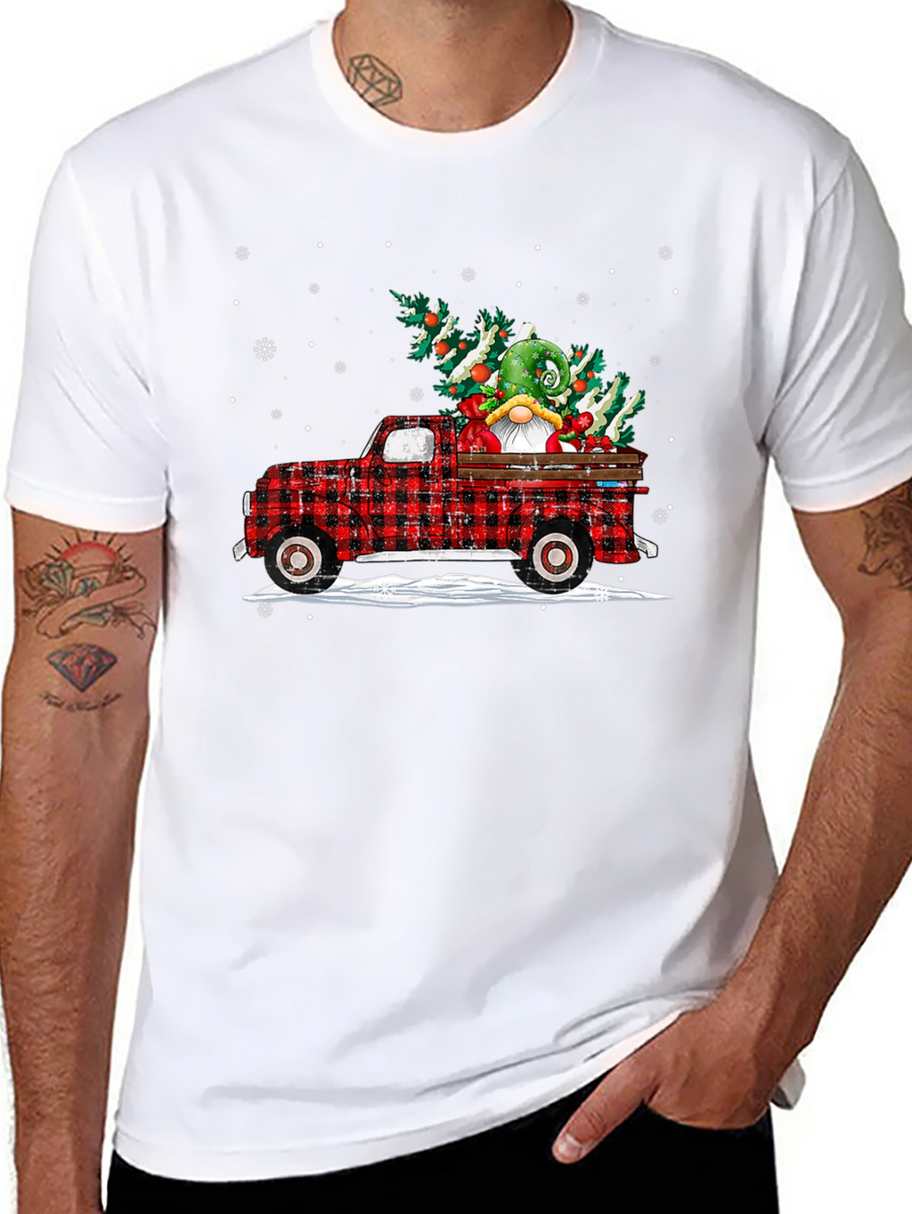 Festive Buffalo Plaid Truck Christmas Gnome T-Shirt