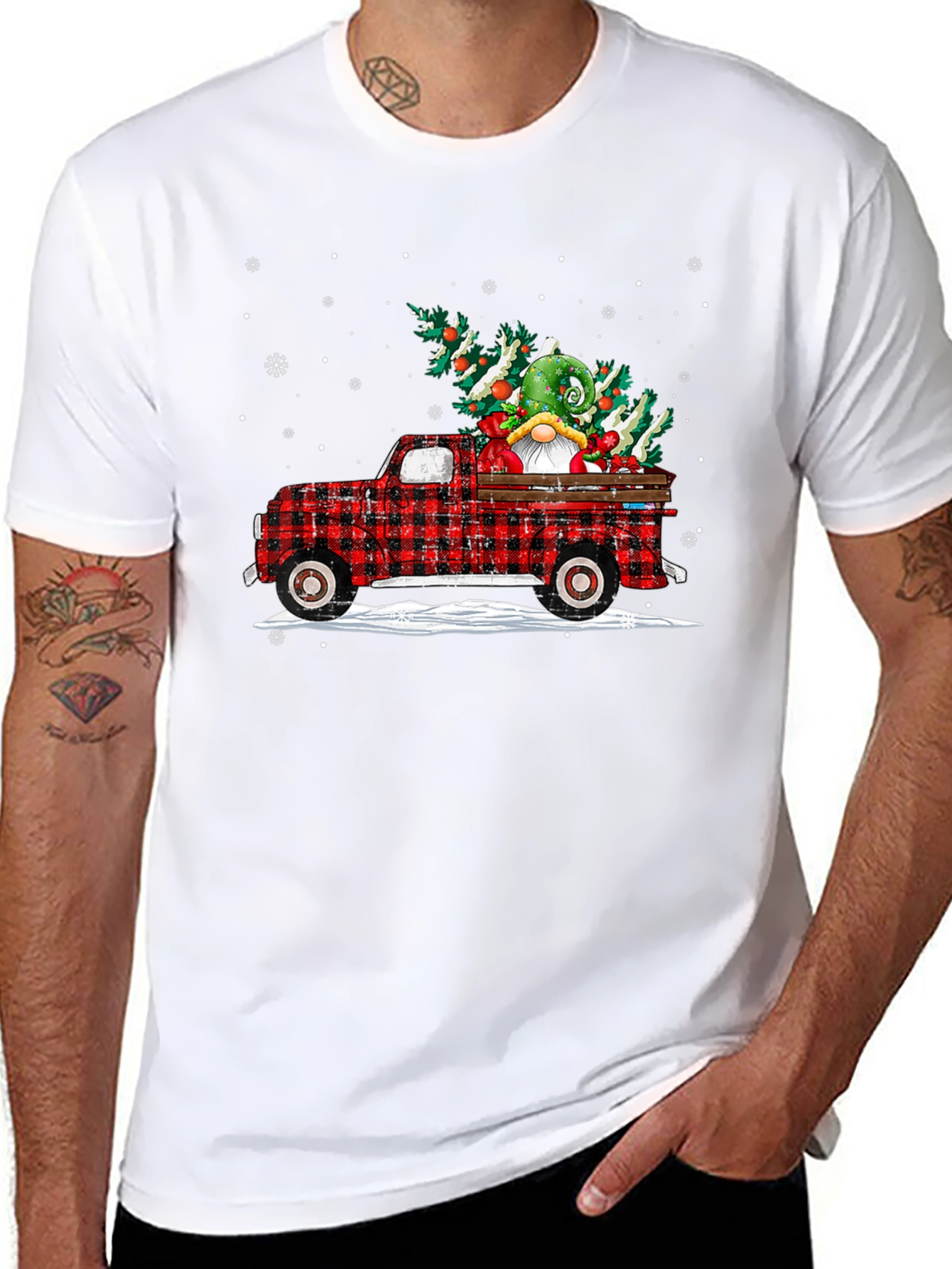 Festive Buffalo Plaid Truck Christmas Gnome T-Shirt