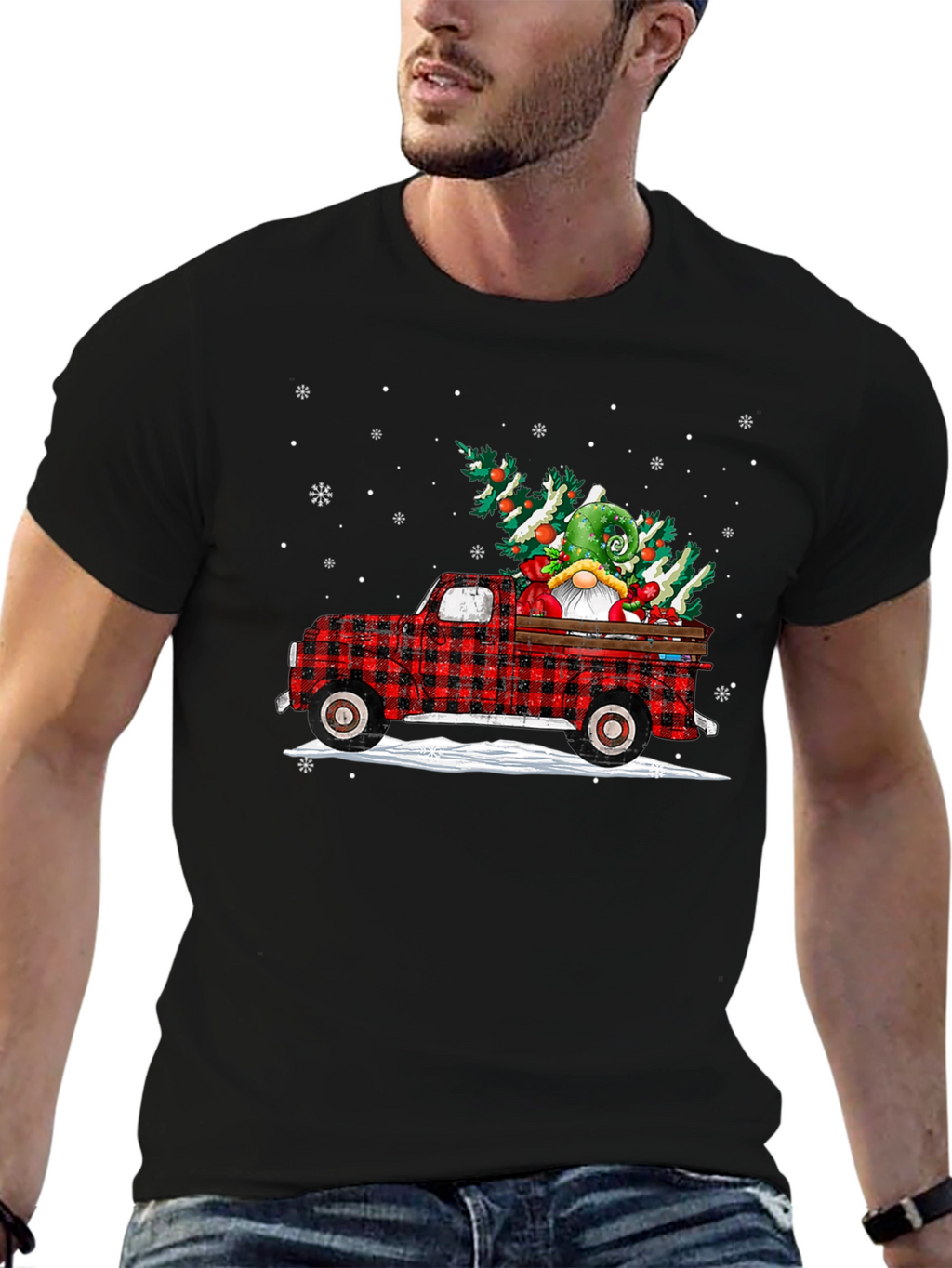 Festive Buffalo Plaid Truck Christmas Gnome T-Shirt