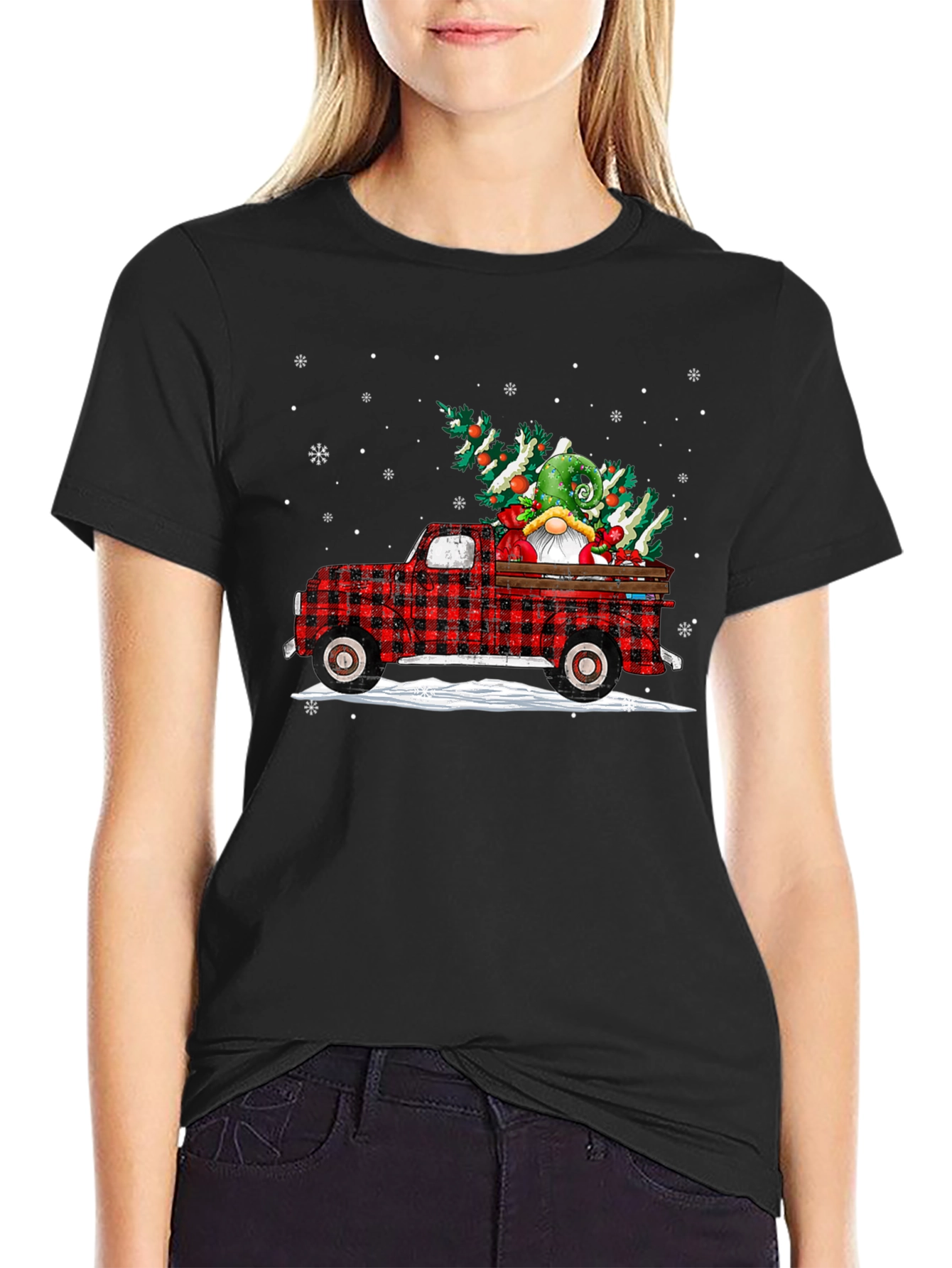 Festive Buffalo Plaid Truck Christmas Gnome T-Shirt