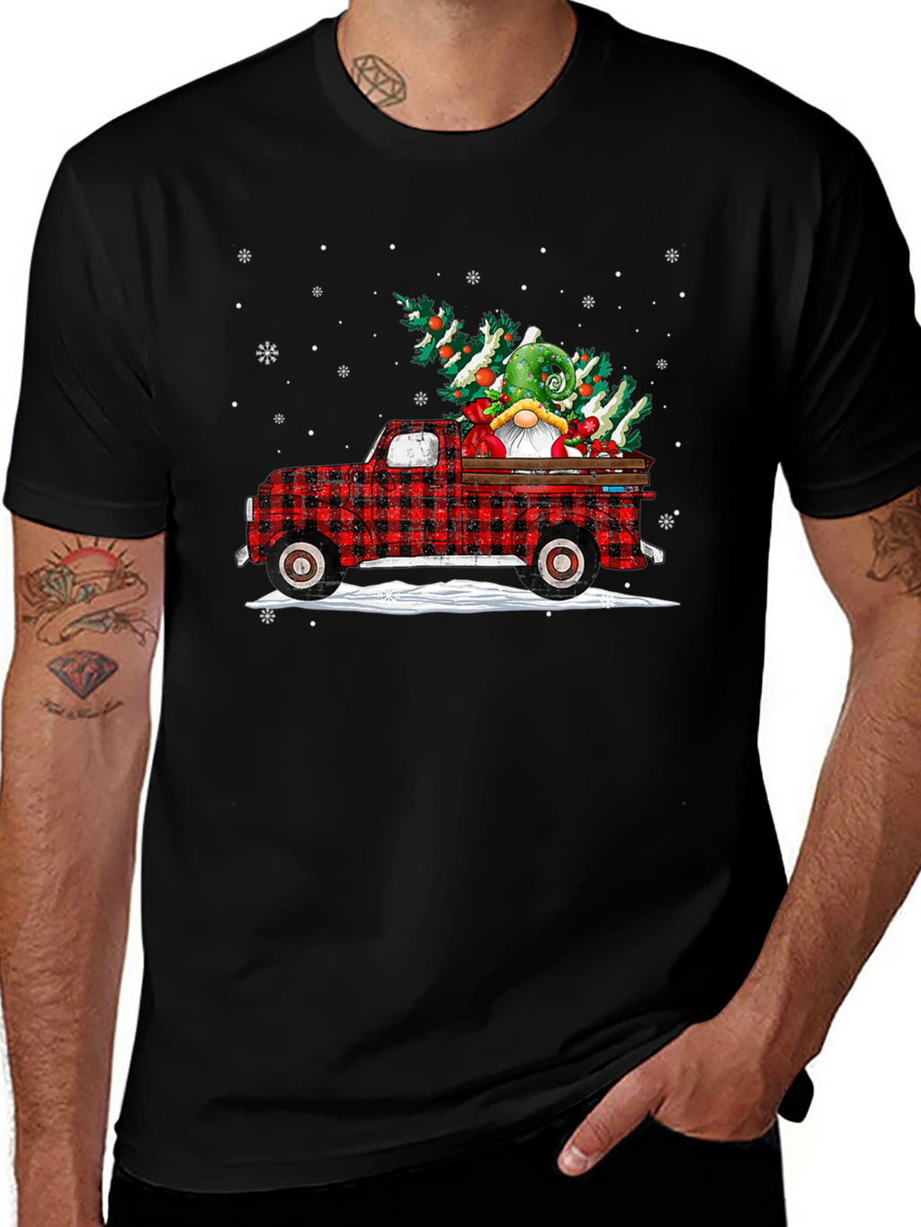 Festive Buffalo Plaid Truck Christmas Gnome T-Shirt