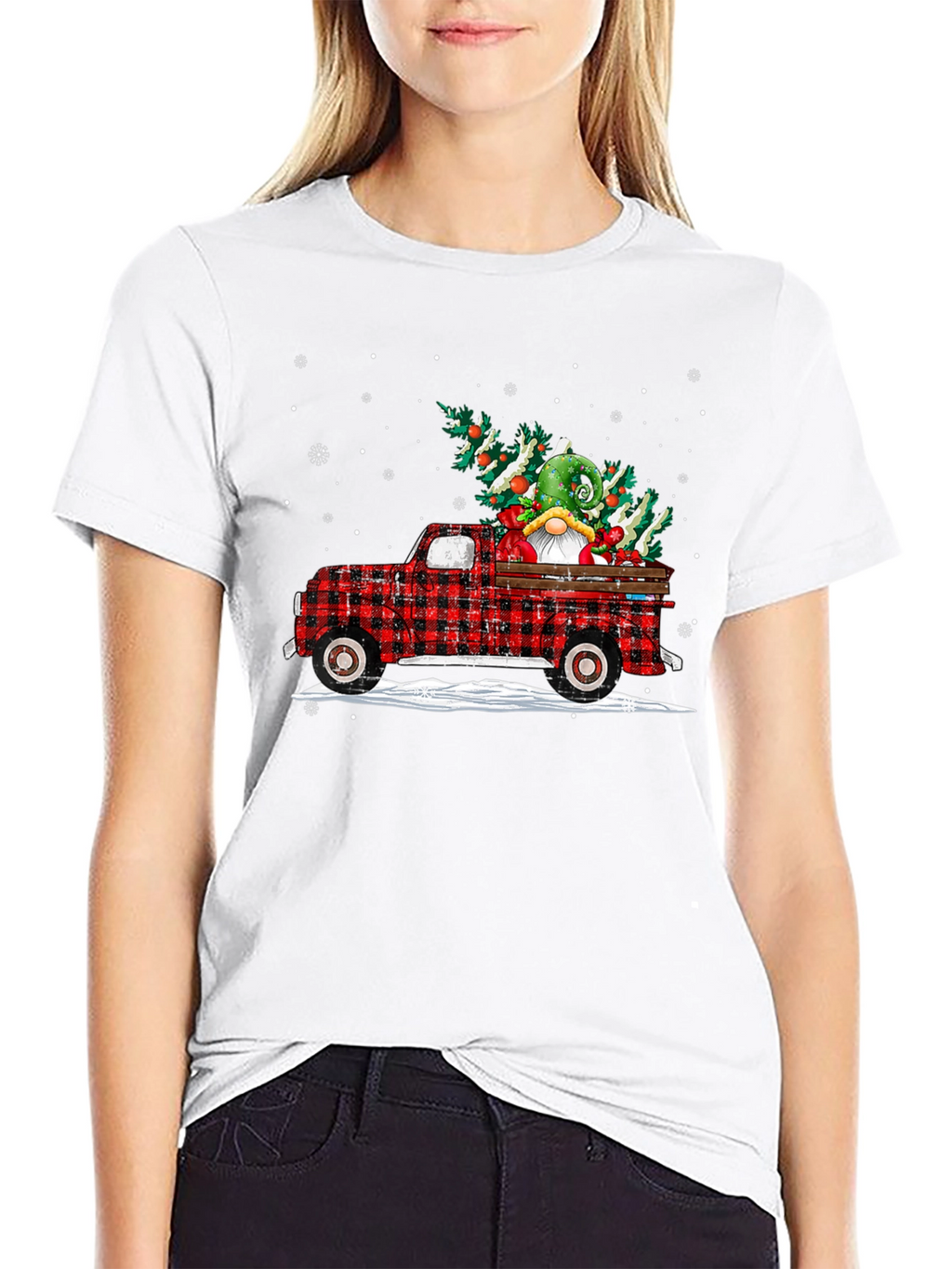 Festive Buffalo Plaid Truck Christmas Gnome T-Shirt