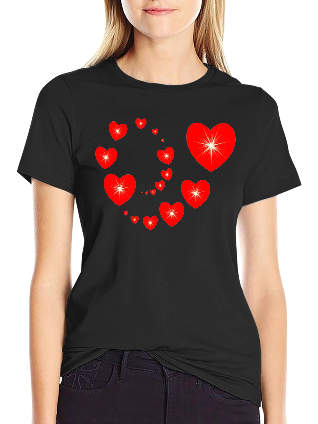 Heart Swirl Graphic Tee - Black Cotton Casual Shirt