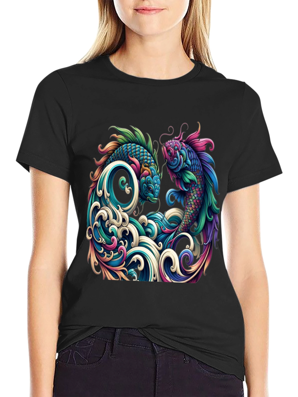 Koi Fish Graphic Tee - Artistic Black T-Shirt