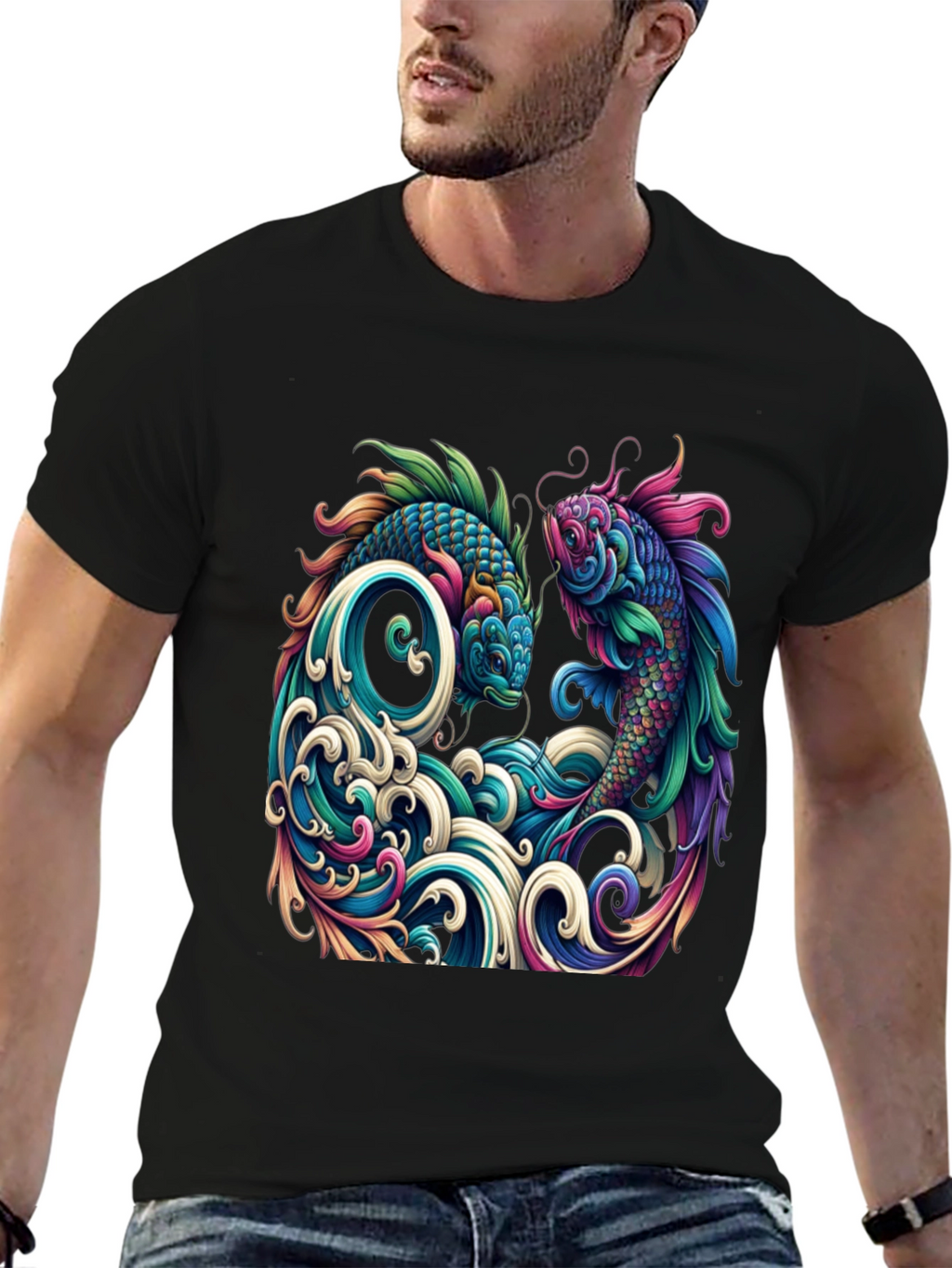 Koi Fish Graphic Tee - Artistic Black T-Shirt