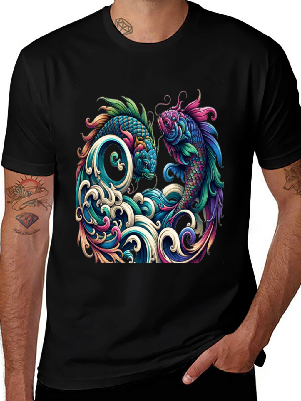Koi Fish Graphic Tee - Artistic Black T-Shirt