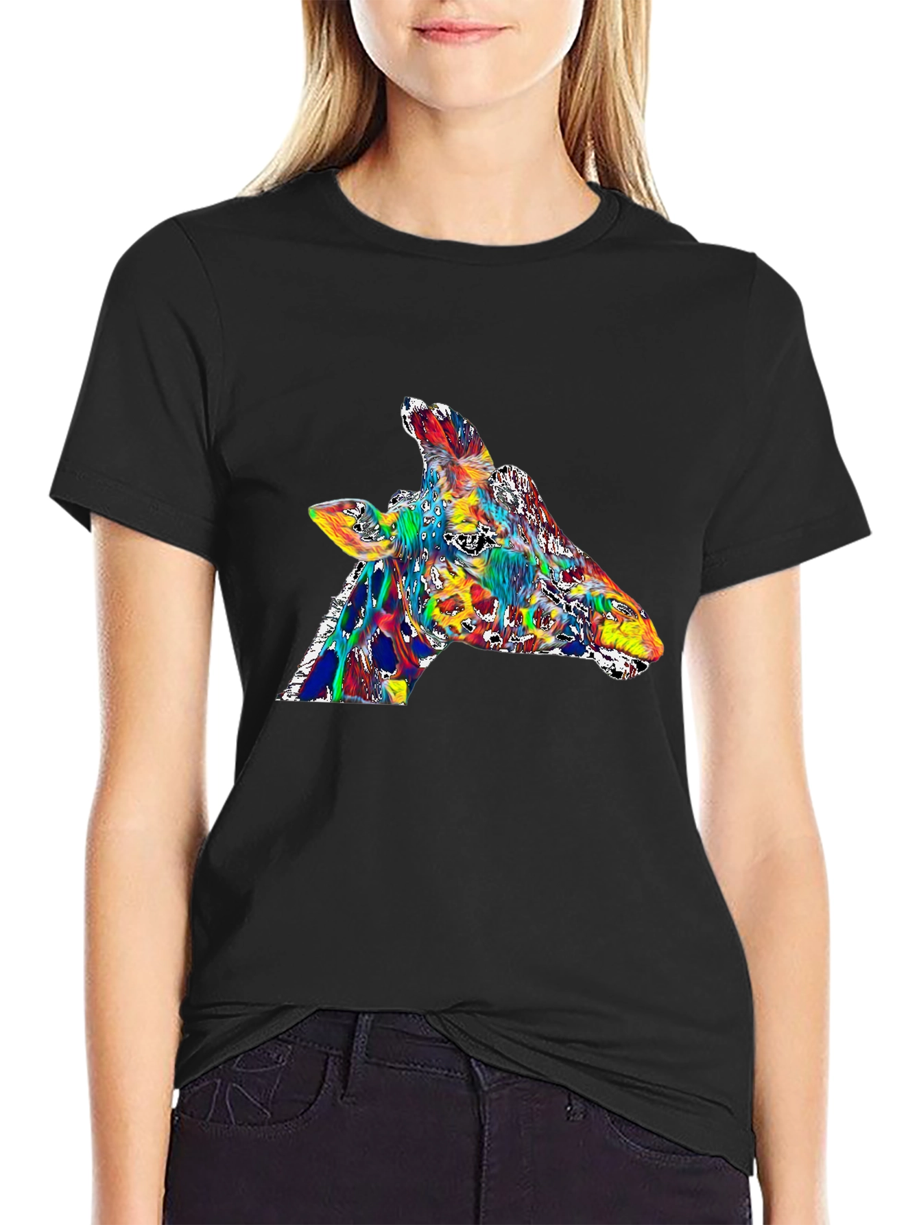 Colorful Giraffe Graphic Tee - Black
