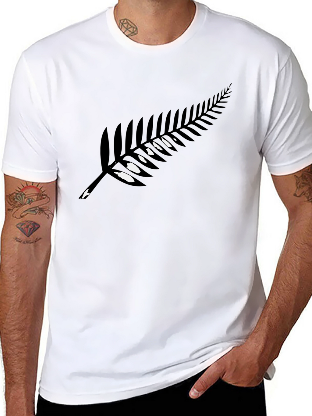 Black T-Shirt with Silver Fern Print