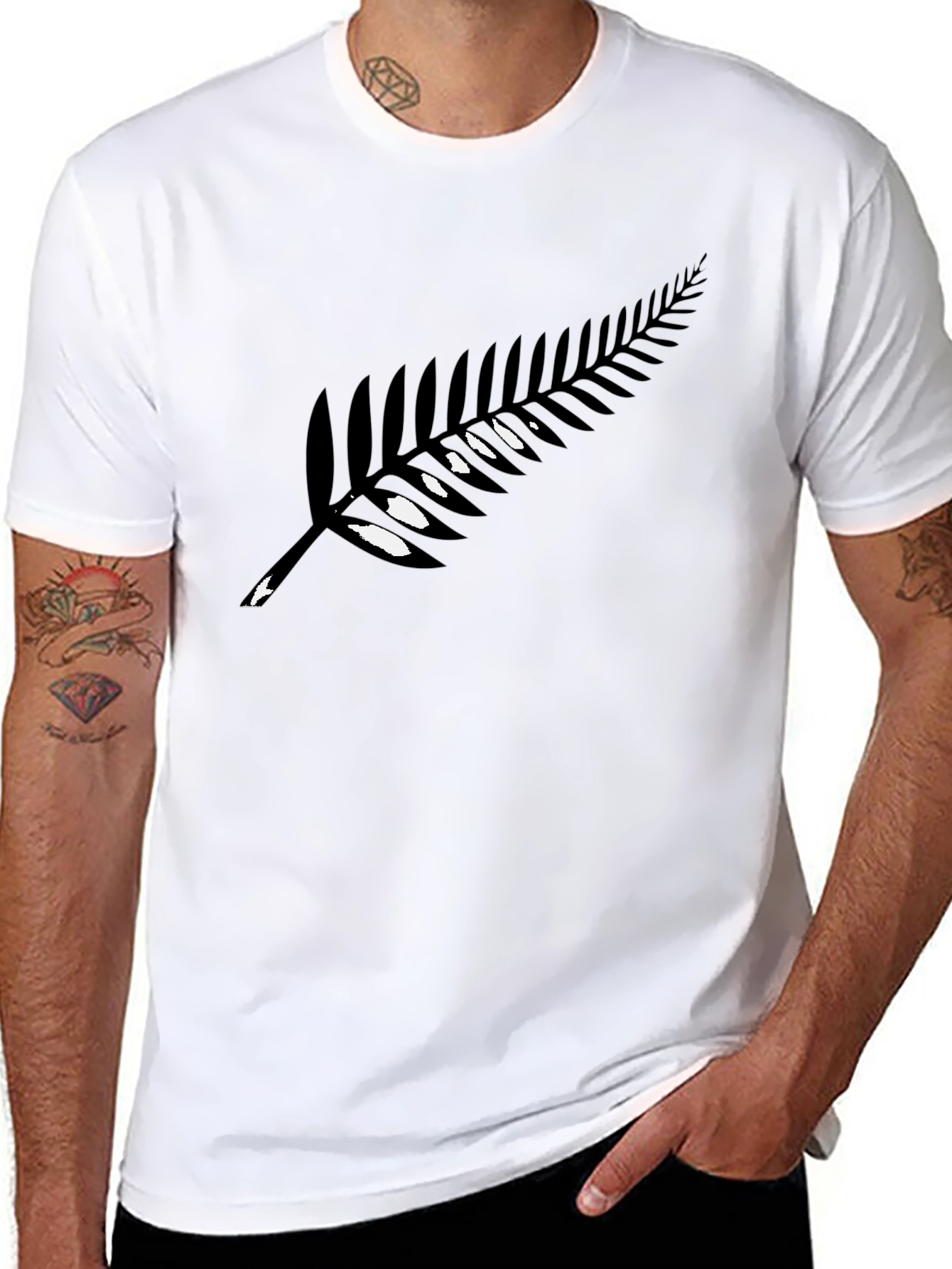 Black T-Shirt with Silver Fern Print