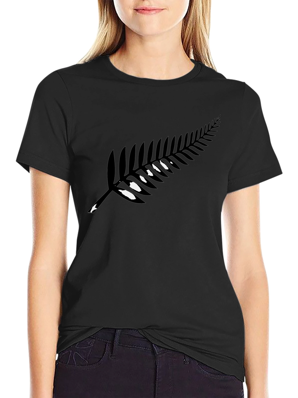 Black T-Shirt with Silver Fern Print