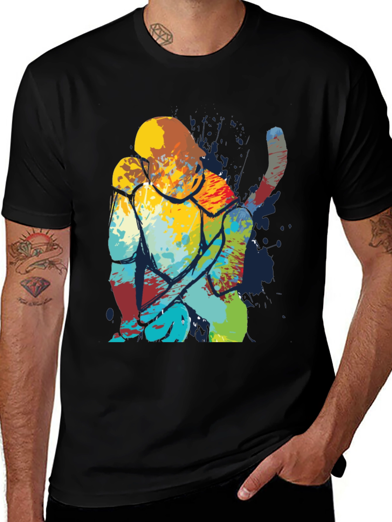 Abstract Cat Art Print Mens Black T-Shirt