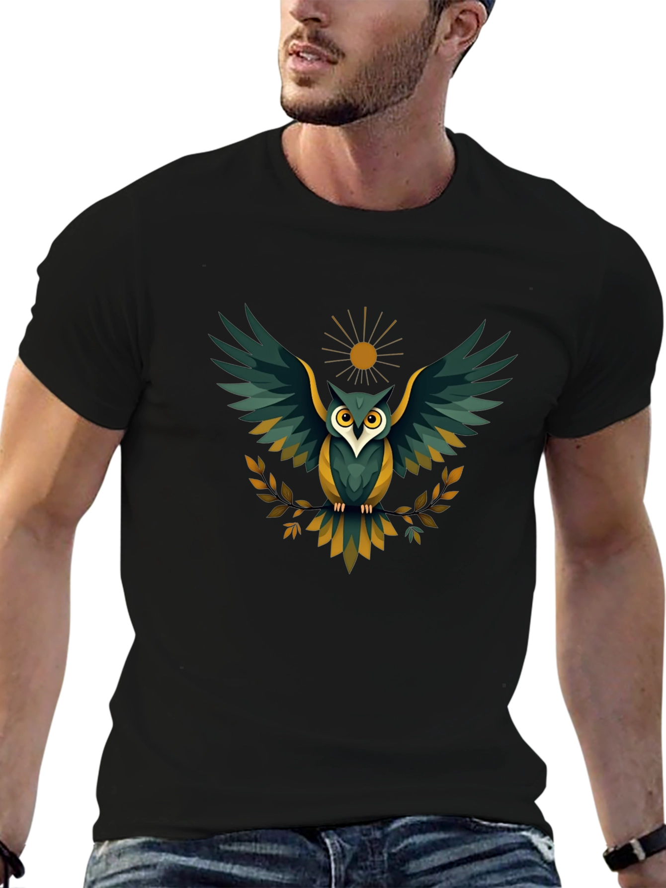 Mens Black Owl Graphic T-Shirt