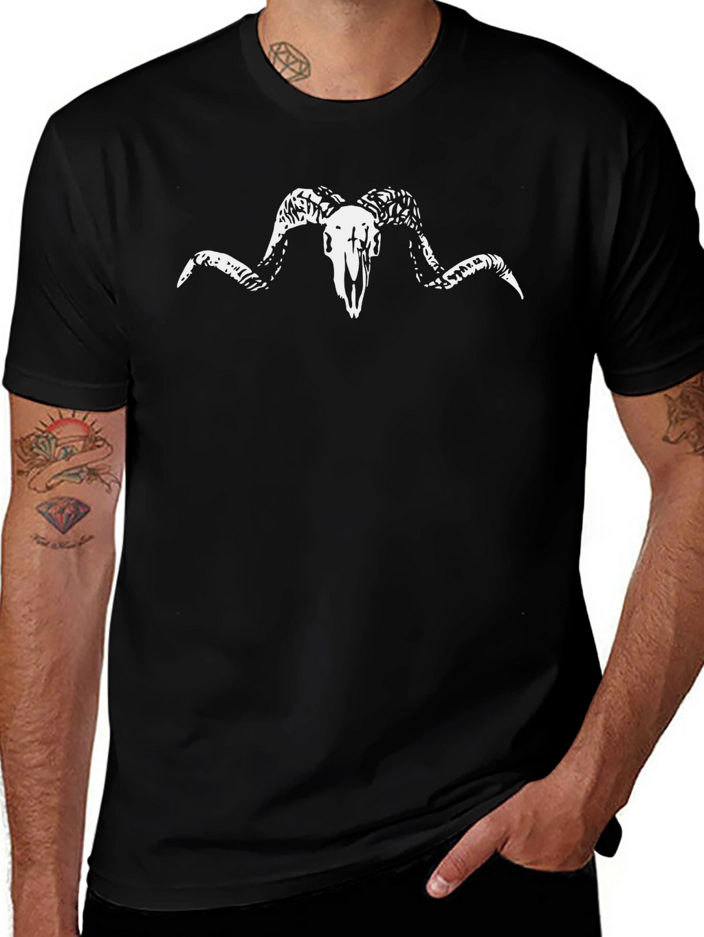 Black T-Shirt with Ram Skull Graphic