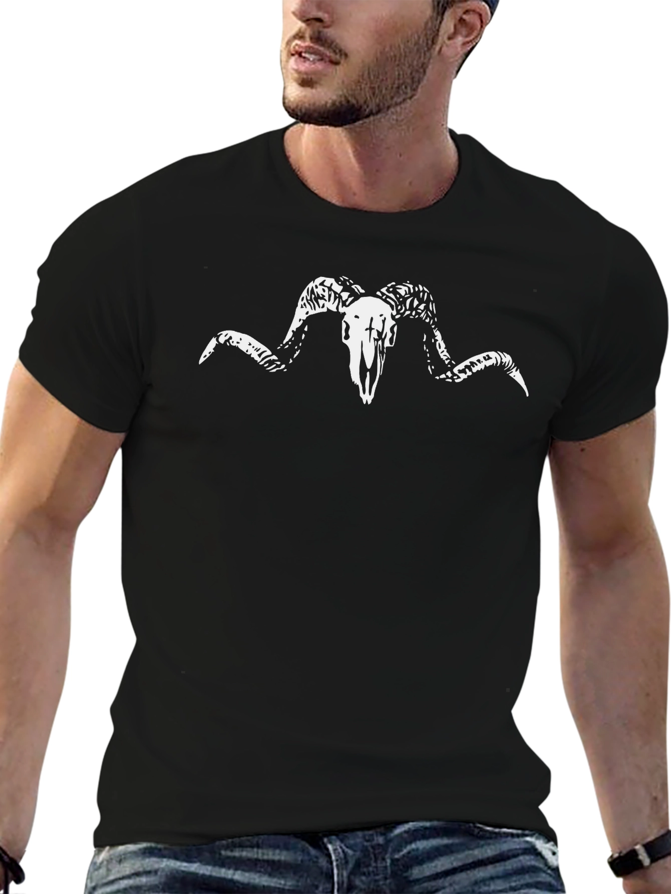 Black T-Shirt with Ram Skull Graphic