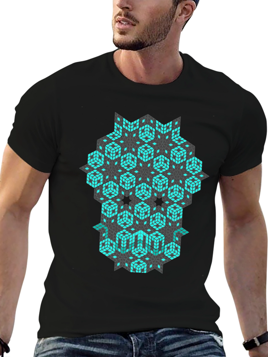 Geometric Cube Pattern Black T-Shirt