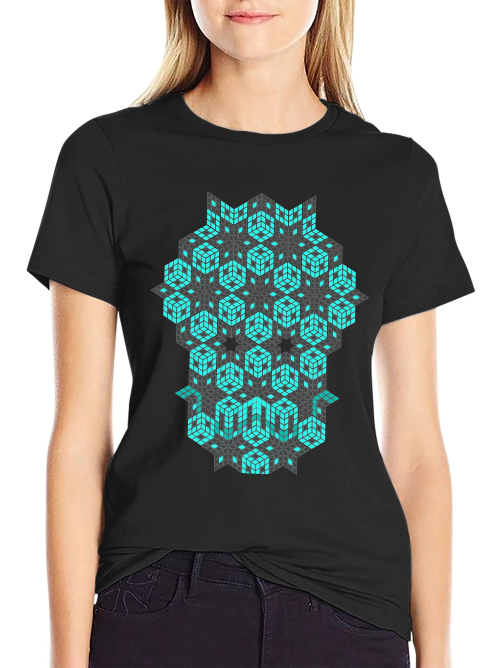 Geometric Cube Pattern Black T-Shirt