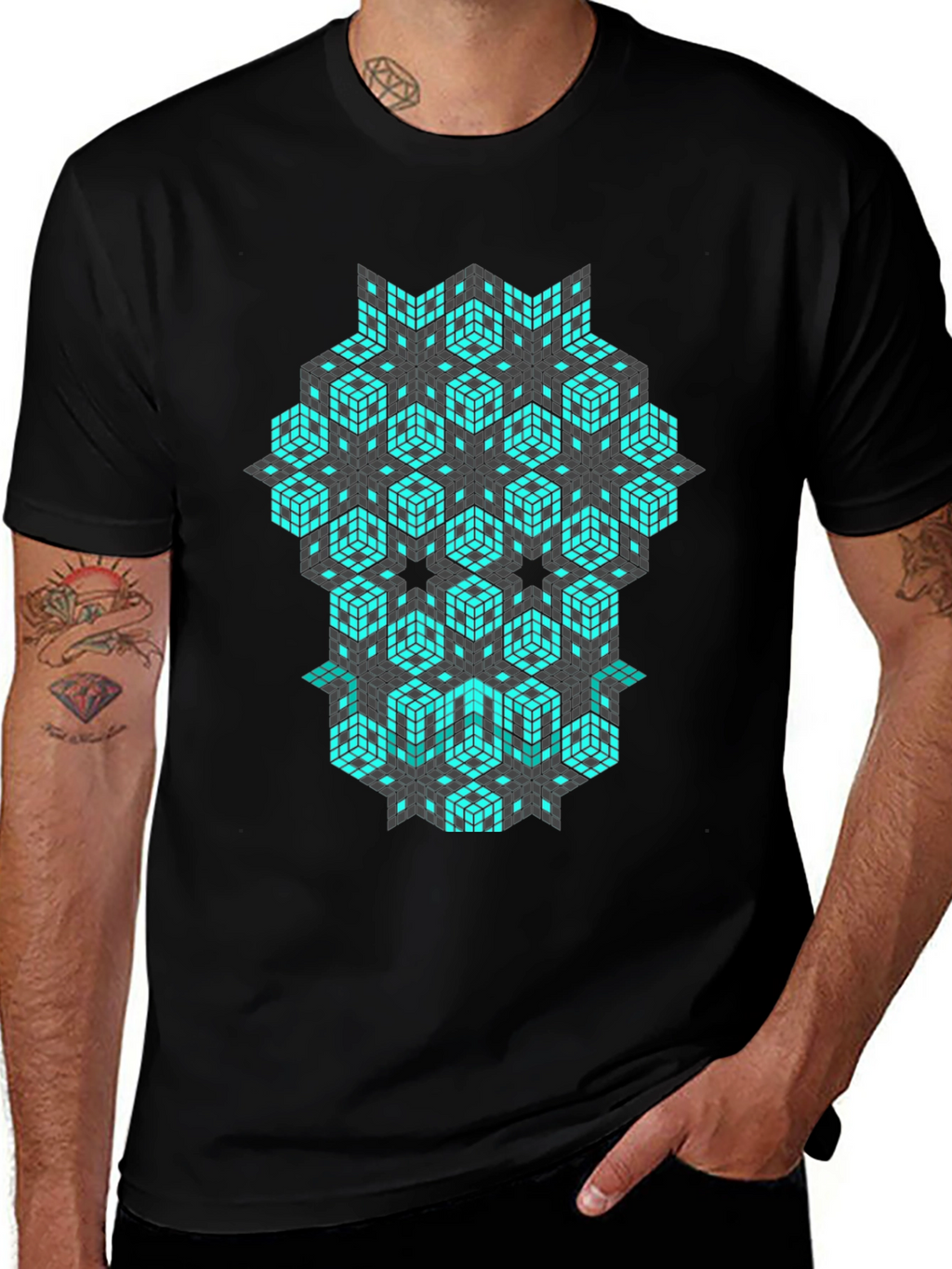 Geometric Cube Pattern Black T-Shirt
