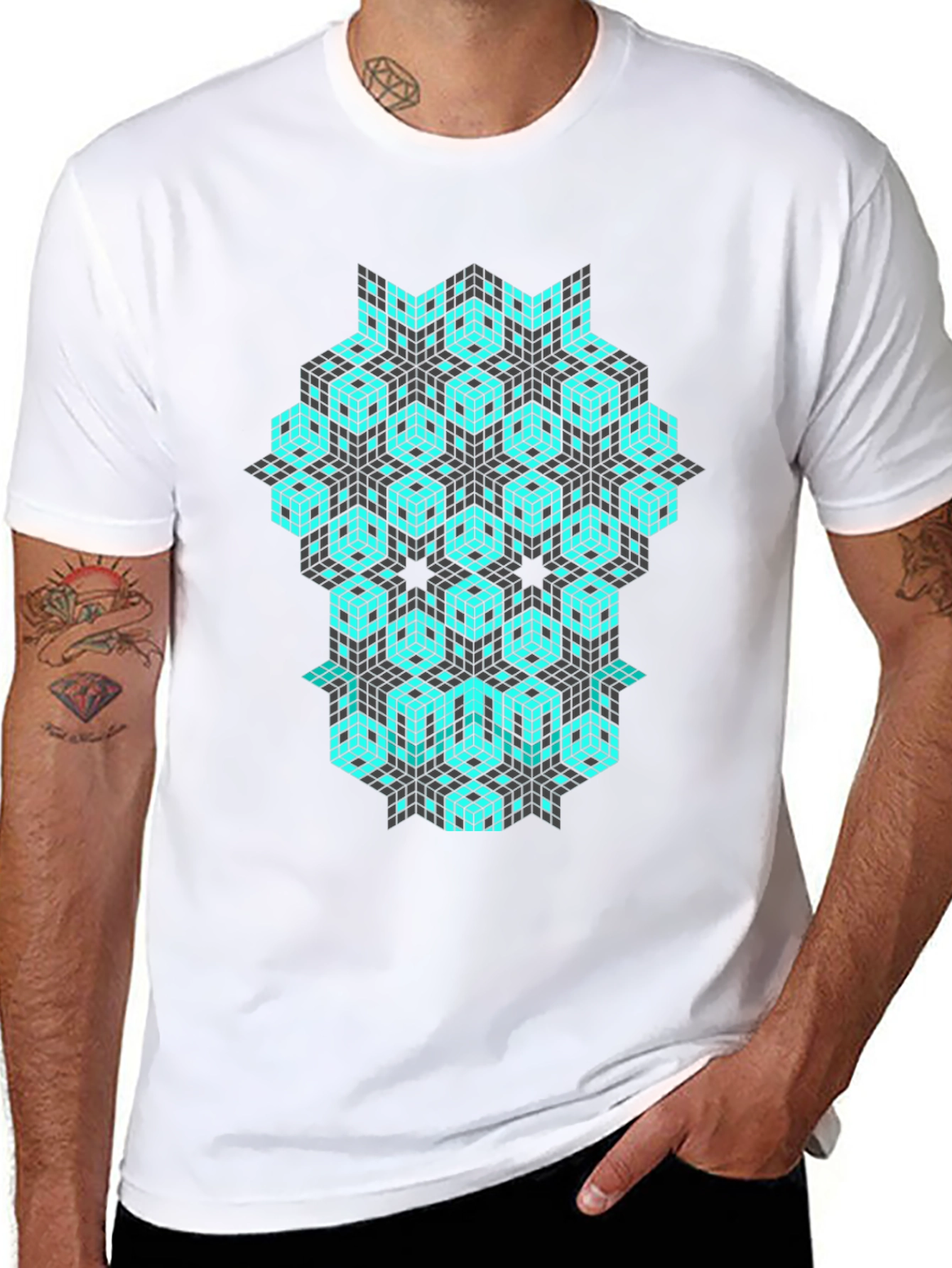 Geometric Cube Pattern Black T-Shirt