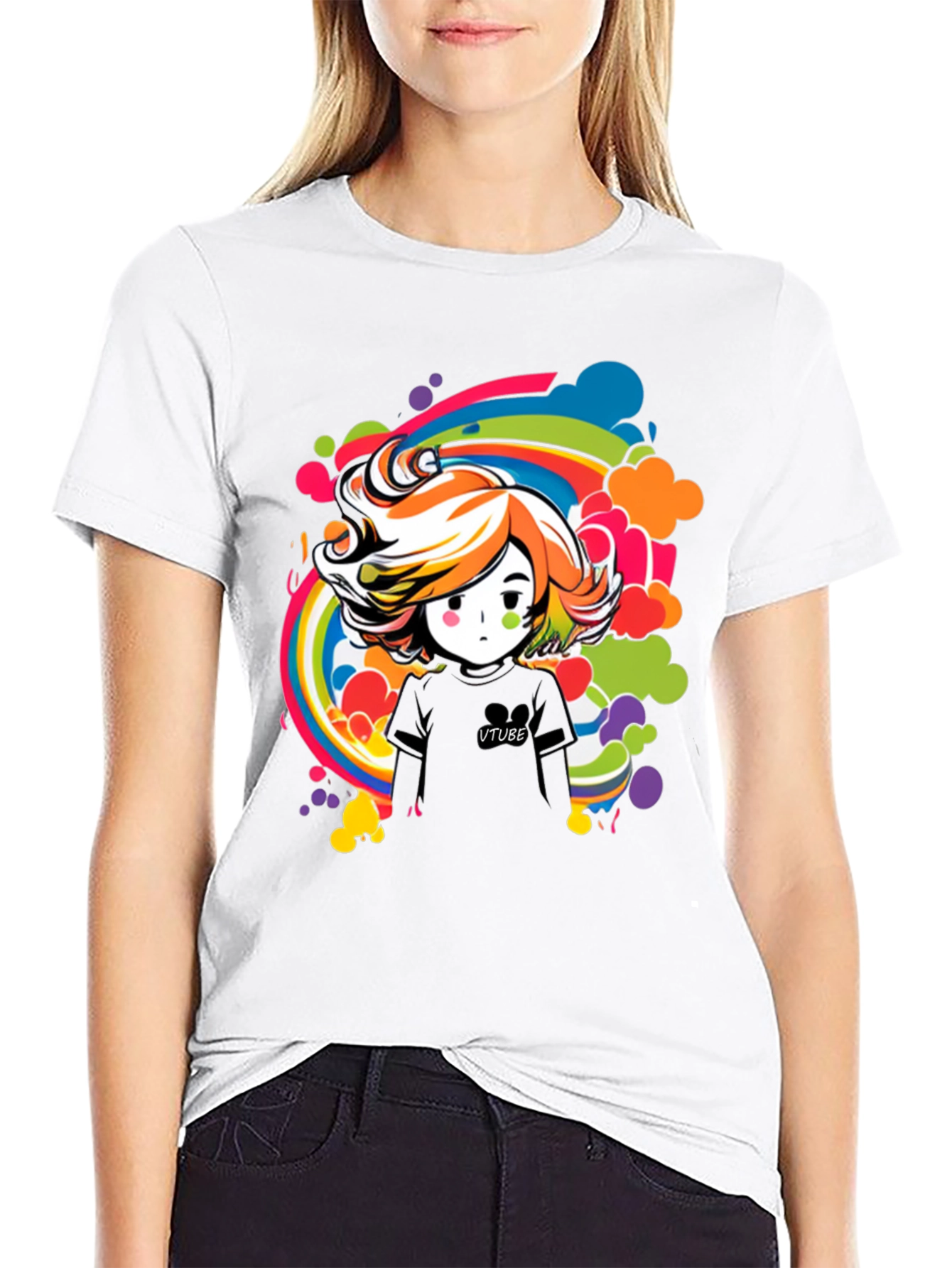 VTuber Cartoon Rainbow T-Shirt - Graphic Tee for Anime Fans