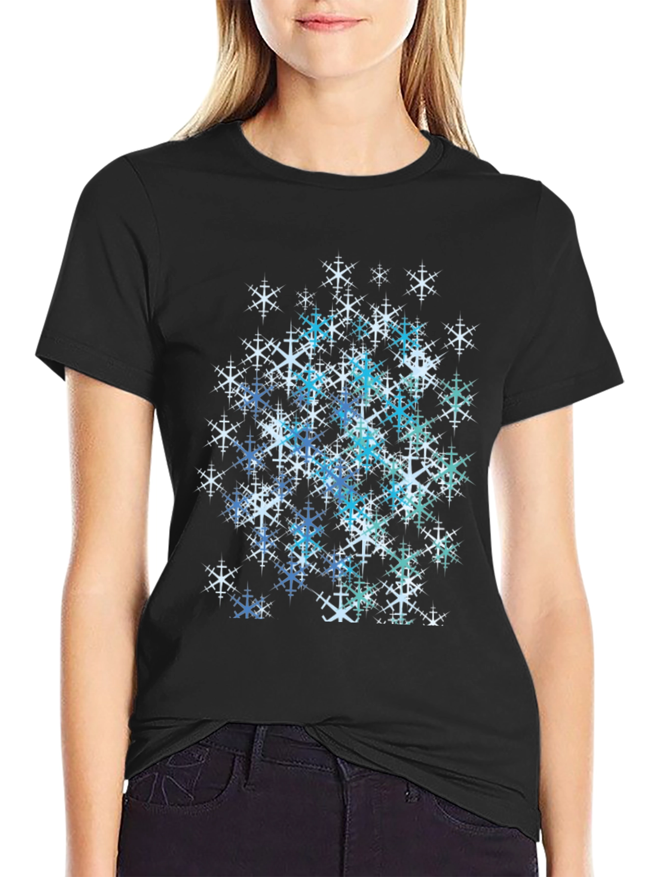 Snowflake Graphic Print Tee - Black Cotton Blend