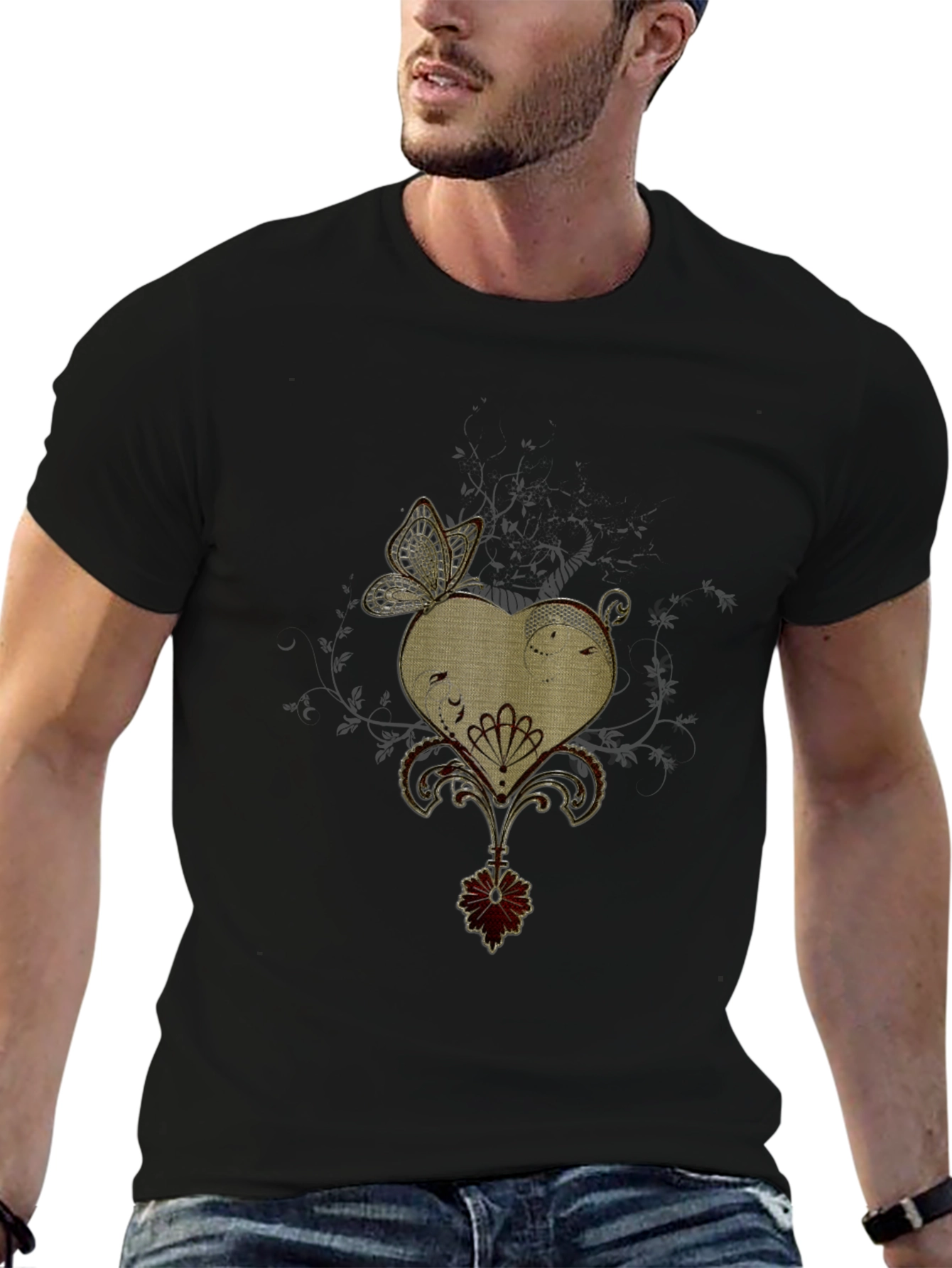 Butterfly Heart Graphic Black T-Shirt