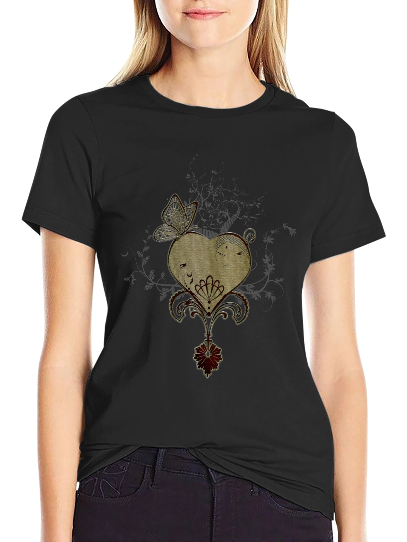 Butterfly Heart Graphic Black T-Shirt