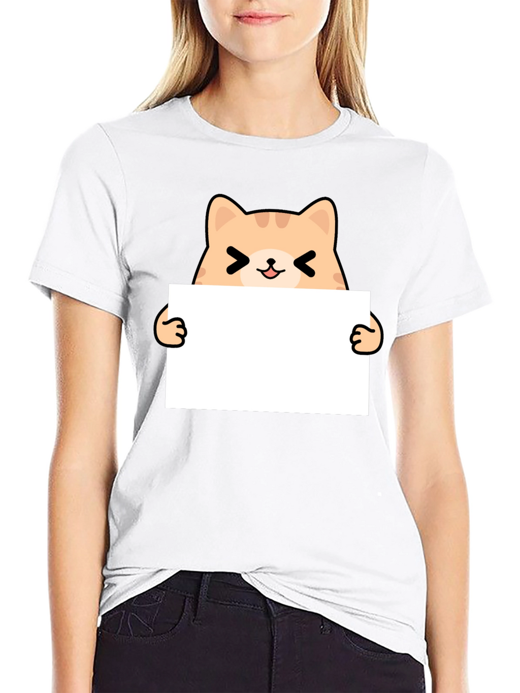 Cute Cat Holding Sign Black T-Shirt