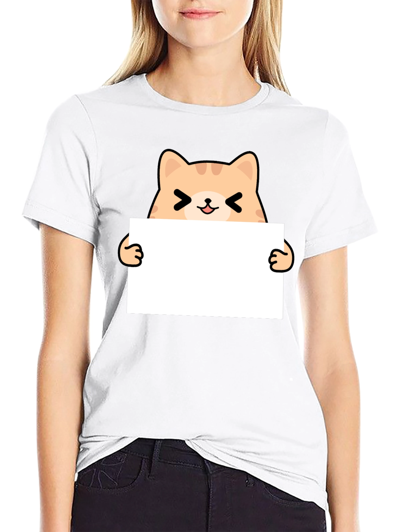 Cute Cat Holding Sign Black T-Shirt
